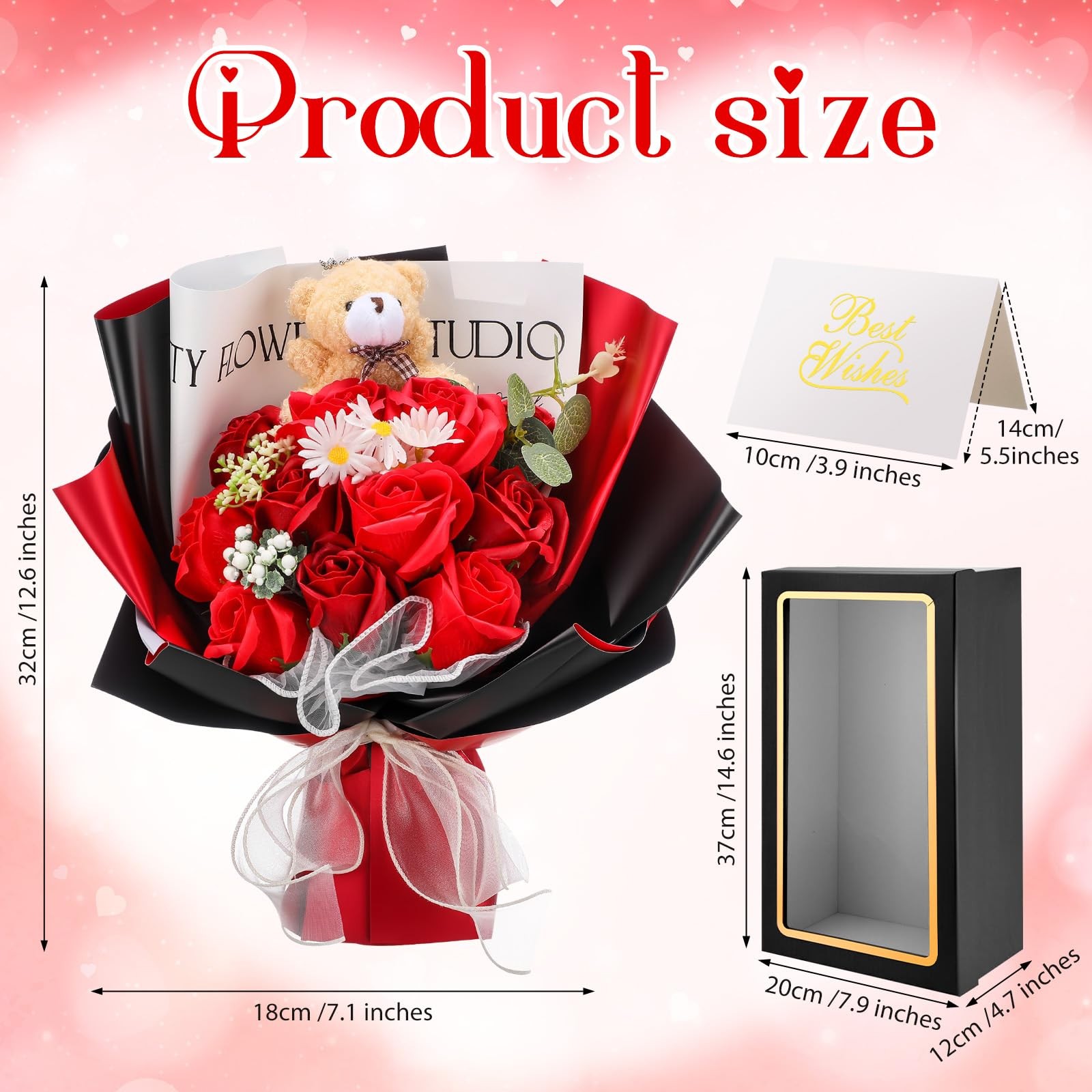 11 PCS Scented Soap Rose Bouquet Bear Gift Box Red Black 12.6×7.1 Inch Decor