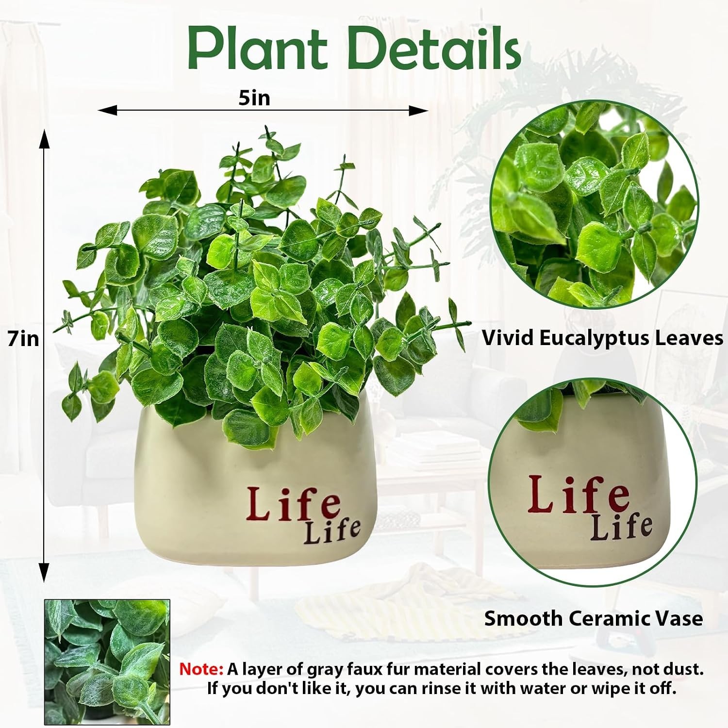 Small Fake Plant in Pot, 7″ Artificial Plant Indoor, Fake Eucalyptus Stems wi…