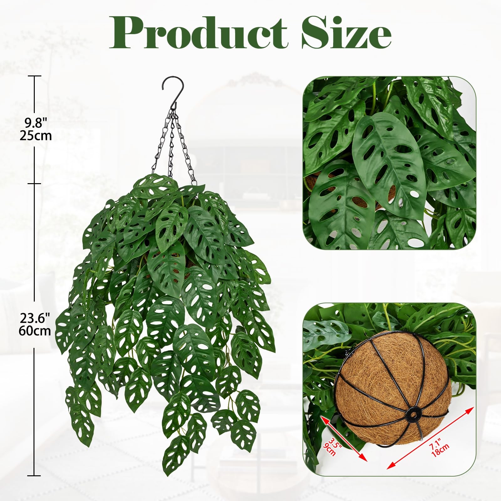 Fake Hanging Plant Monstera Leaves with Basket – 23.6″ Artificial Hanging Pla…