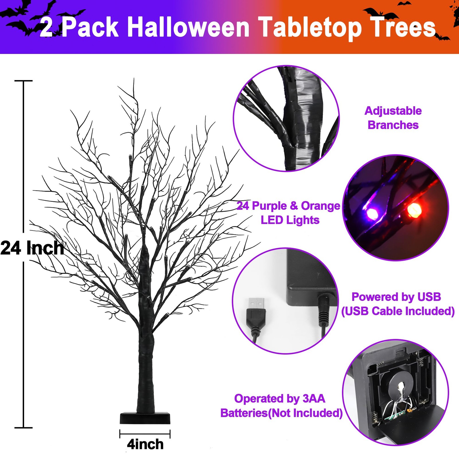 Halloween Decorations 2 Pack 24 Inch Halloween Tree 24 Orange & Purple Lights