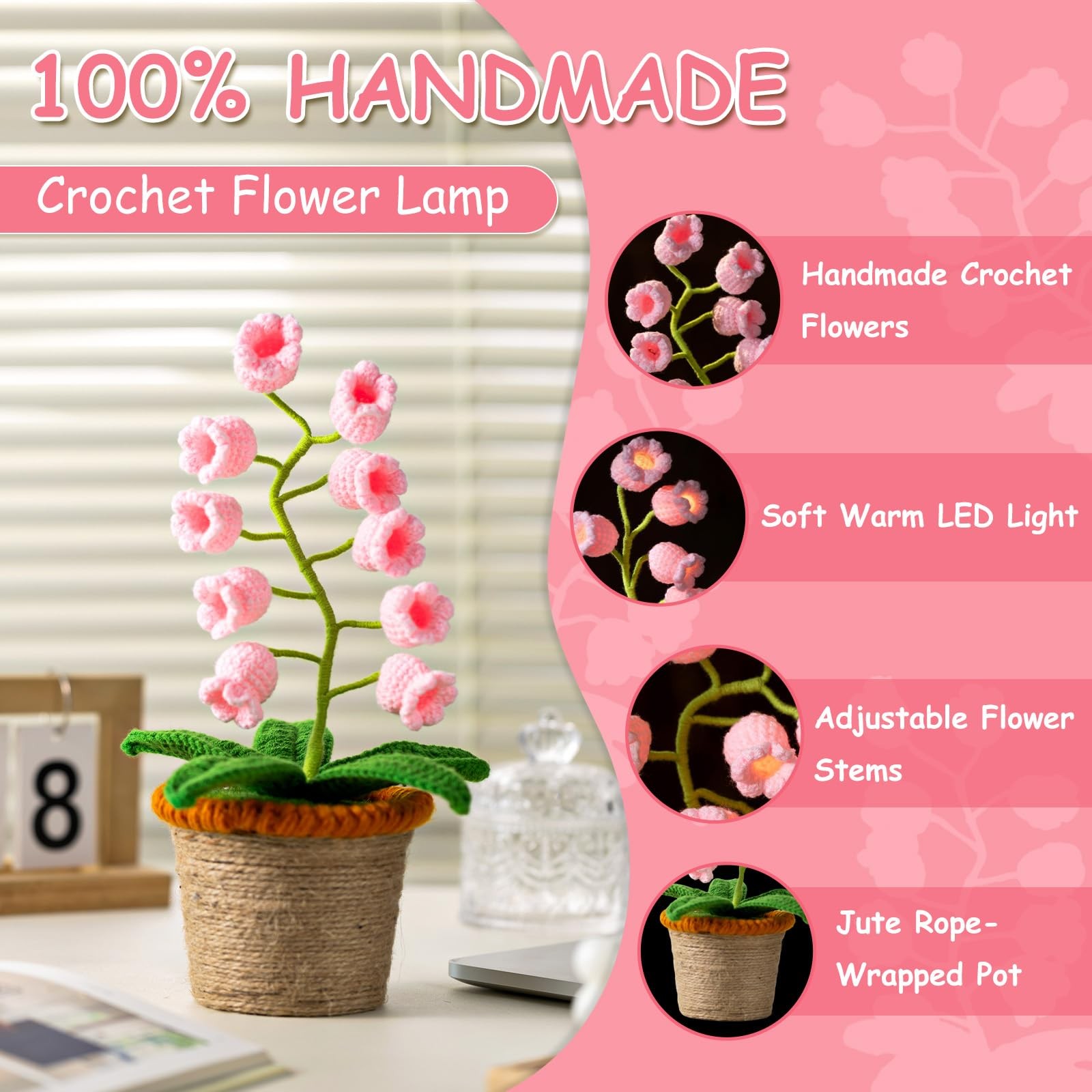 Lily of the Valley Crochet Flower Lamp, Handmade Cordless Night Light with To…