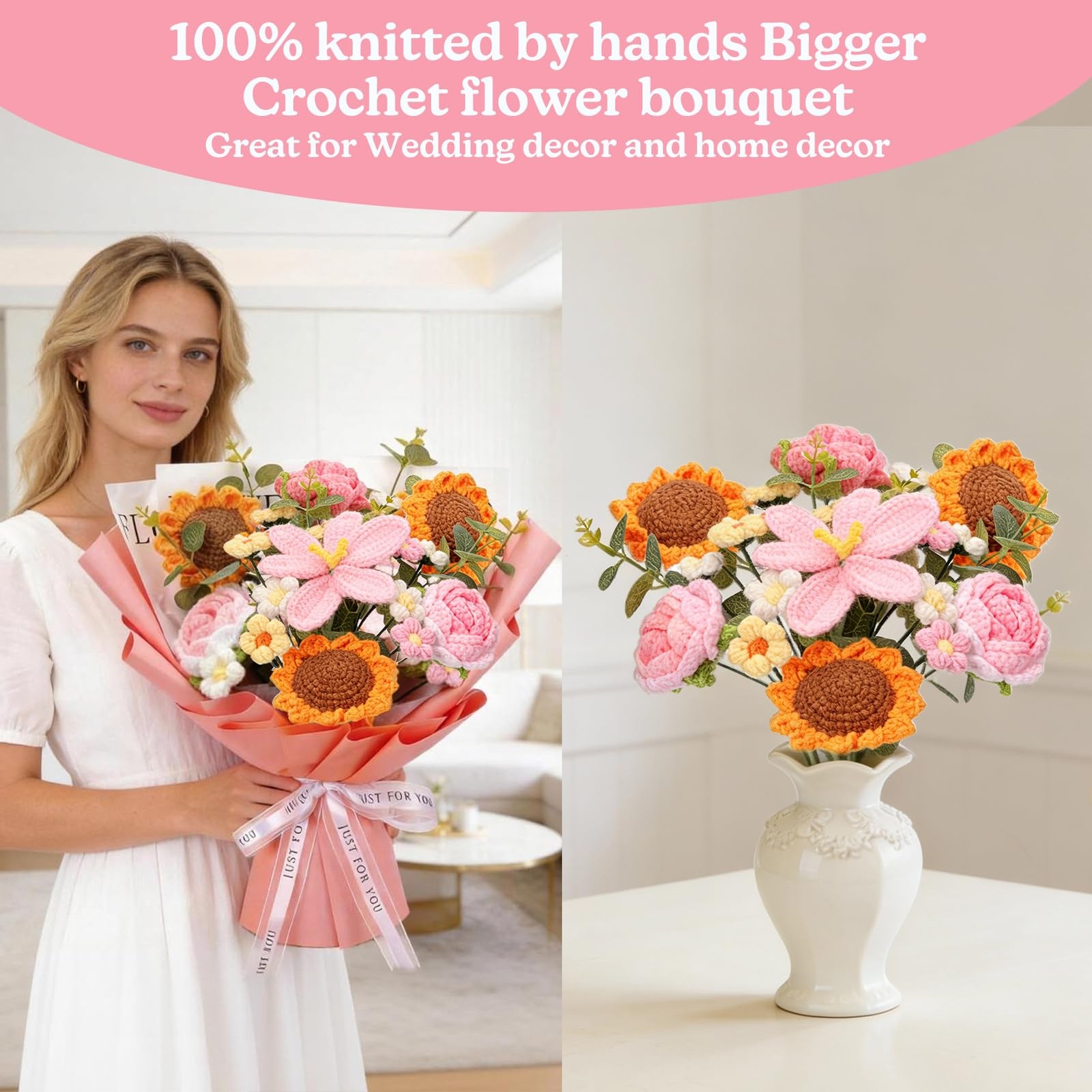 Hand-Made Crocheted Flower Bouquet, 24 Flowers and 15″ Tall, Taller and Plump…