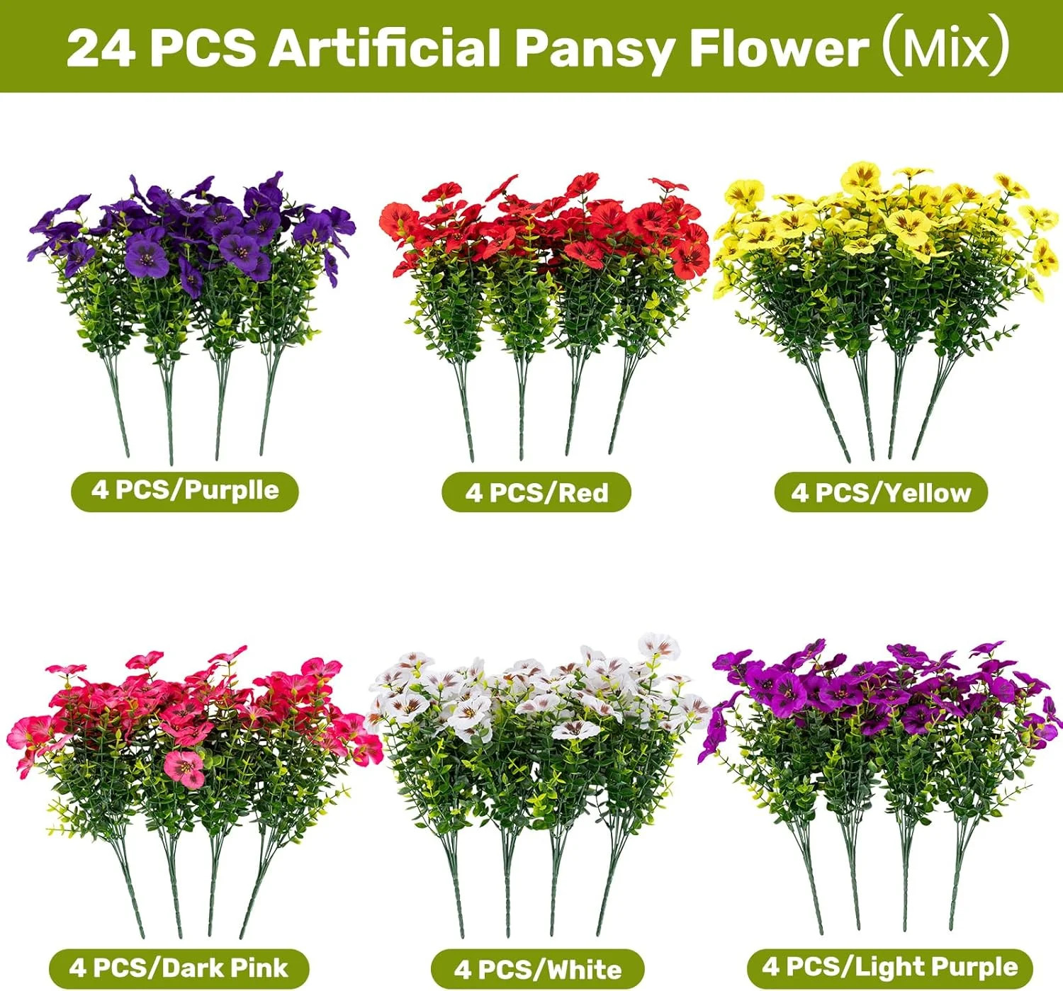 24 Bundles Artificial Fake Flowers Plants for Outdoor Decoration(6 Color) | Faux