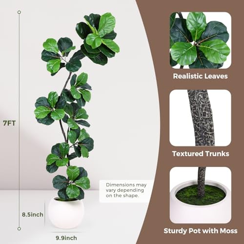 Articifial Fiddle Leaf Tree, 7ft Faux Plant Fake Ficus Lyrata Trees with 7ft-S