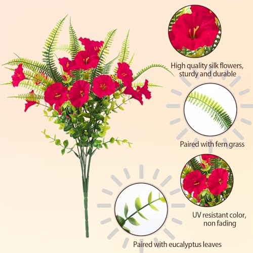 Spring Artificial Flowers Outdoors Artificial Petunias Fake 12 Bundles Rose Red