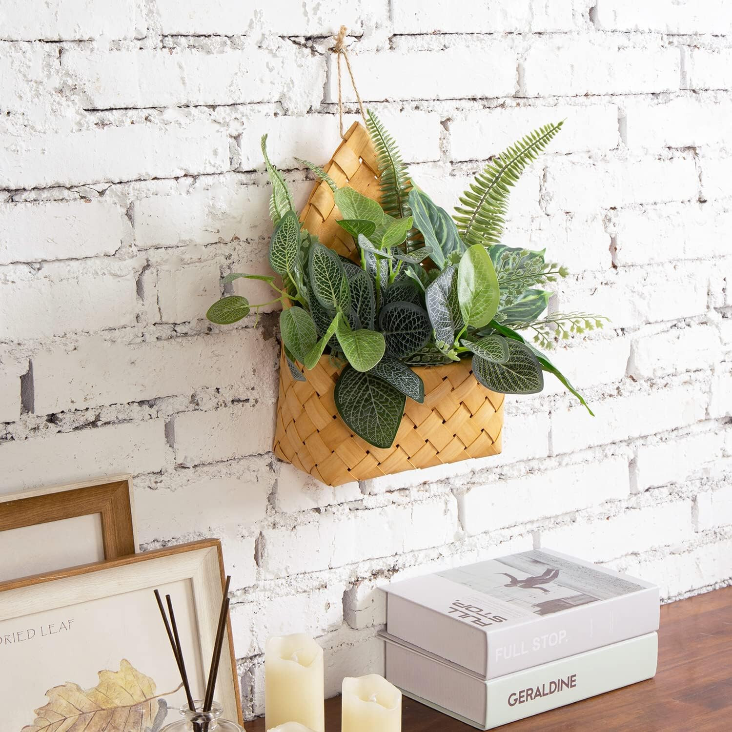 new in box MyGift Artificial Greenery Arrangement in bamboo basket wall hanging