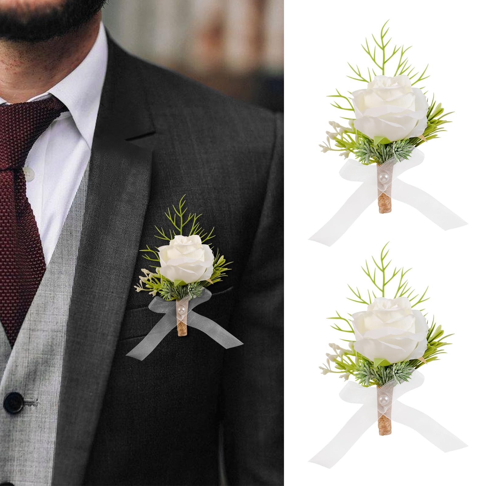 2pcs White Rose Boutonniere for Men Artificial Rose Flower for Wedding Flower…