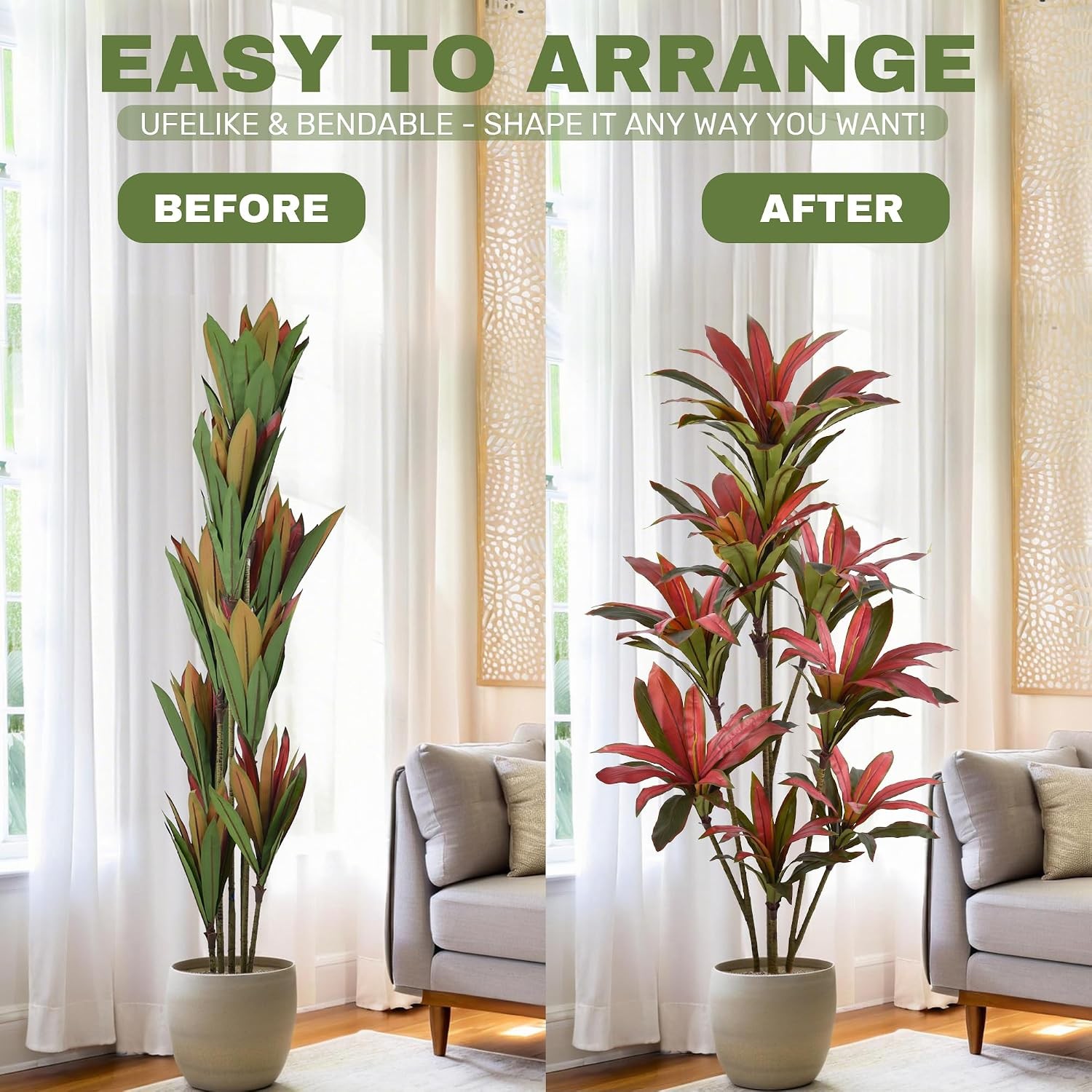 Artificial Dracaena Tree 6ft(72in) Tall Large Faux Fall Plants with Realistic