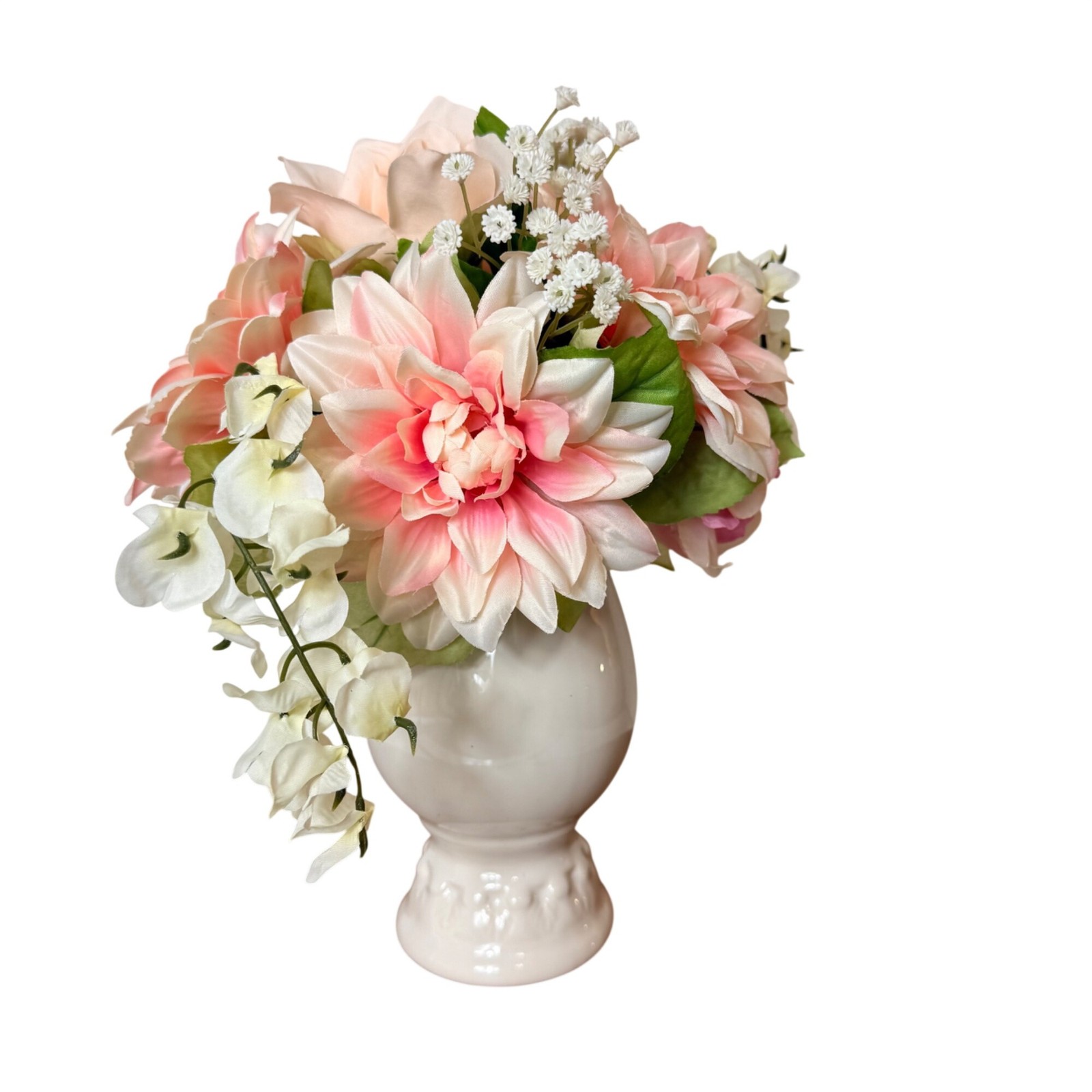 Vintage Faux Floral Arrangement White Ceramic Pedestal Vase Pink Peonies Decor