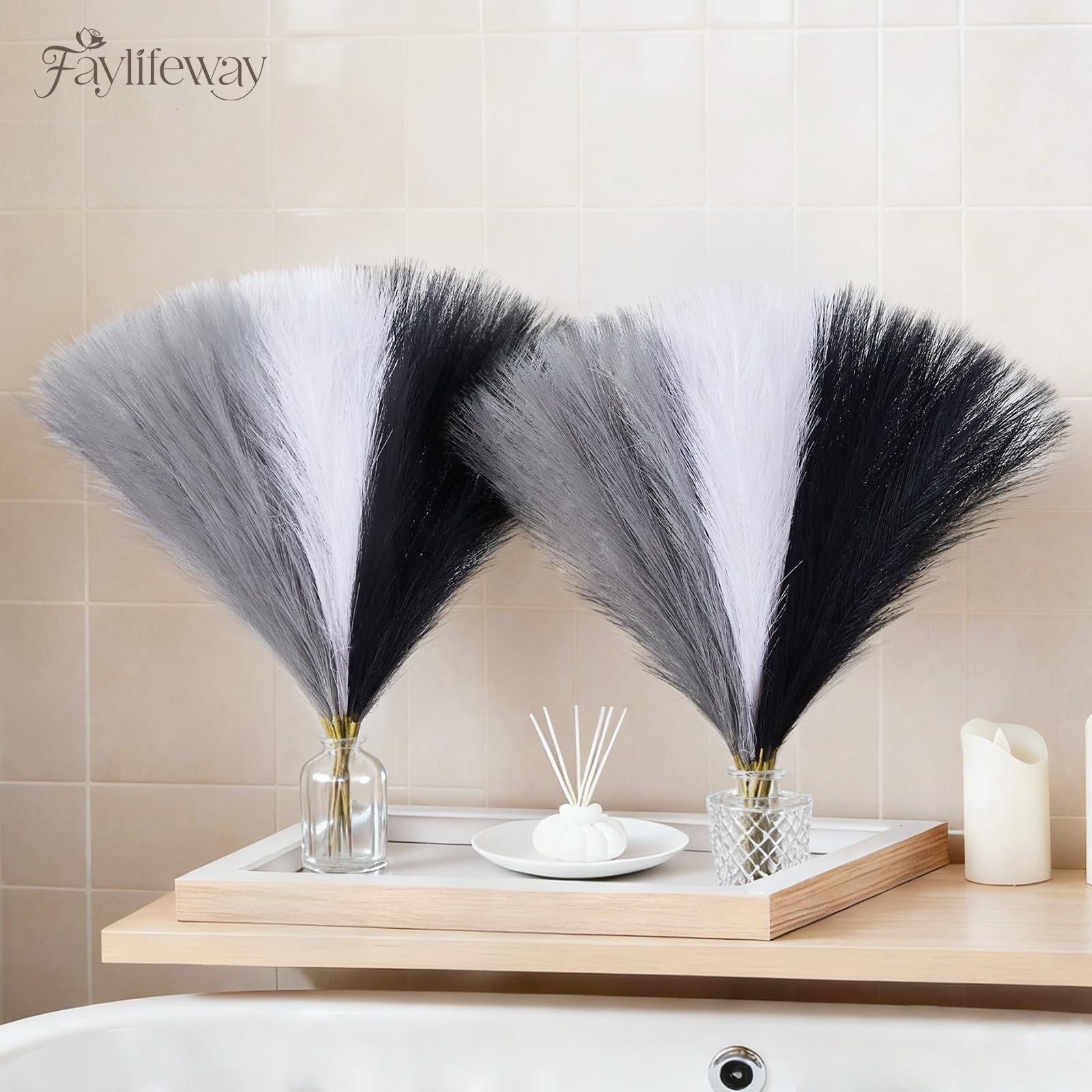 50pcs Pampas Grass 17in, Black and White Pampas Grass Artificial Fluffy Vase …