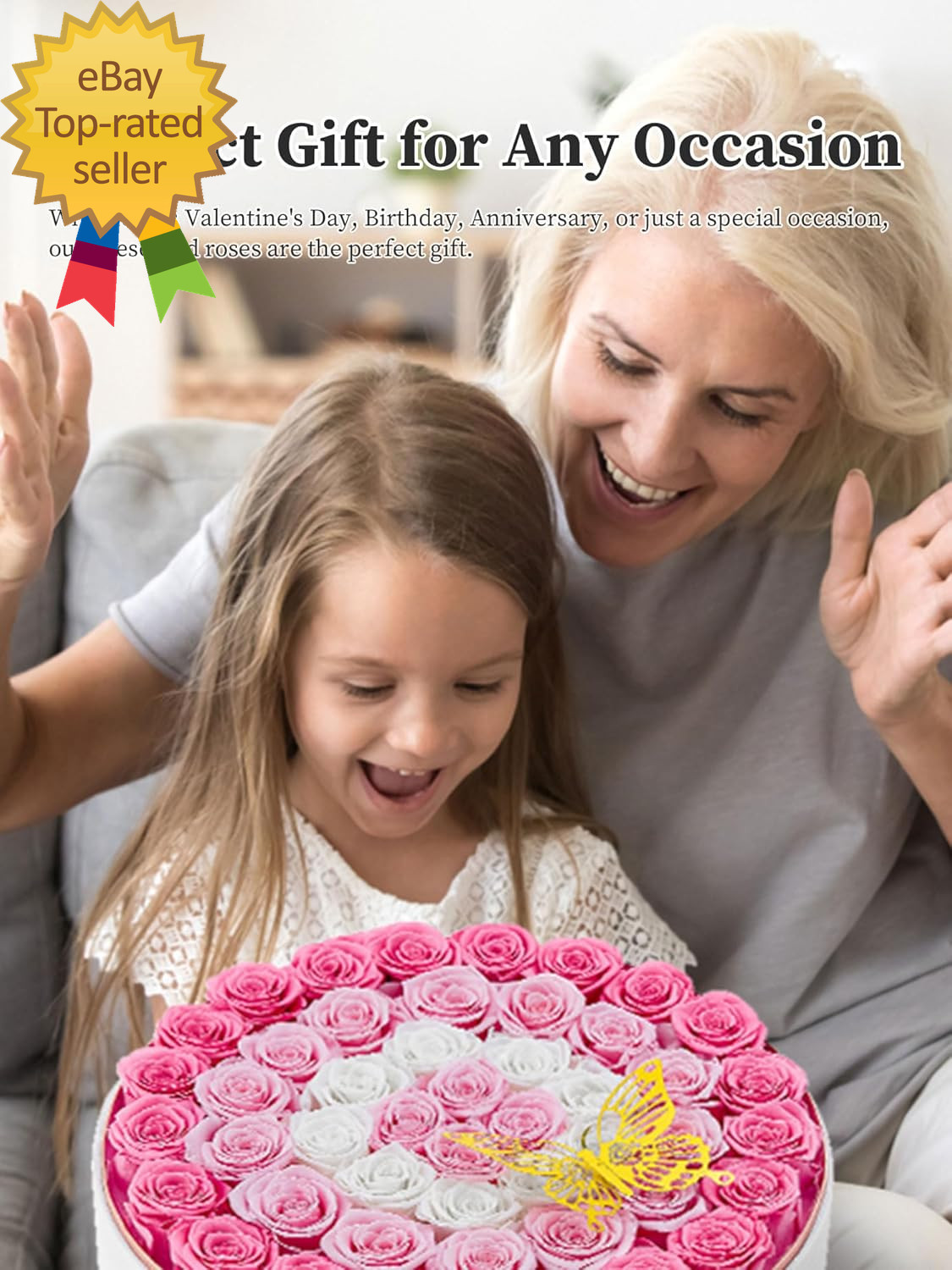 Preserved Roses 47-Piece Real Forever Flowers in White round Velvet Box Birthday