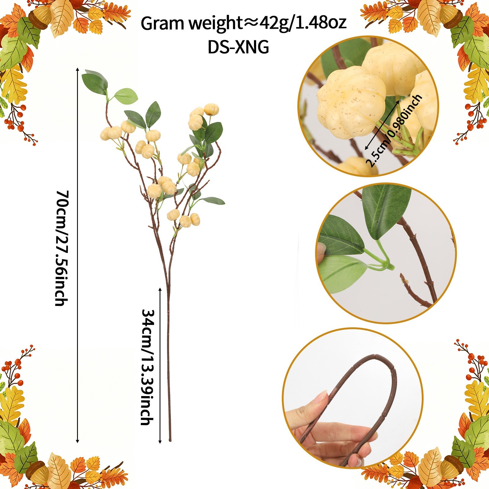 Realistic Artificial Pumpkin Branch with Silk Green Leaves 27.56in/70cm