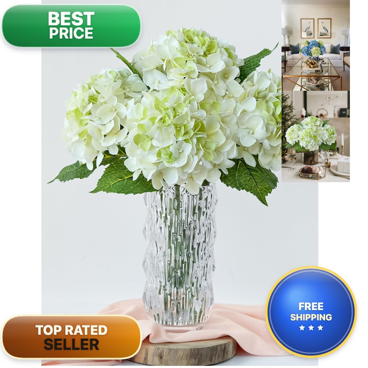 SUMTIPHUN 4 Pcs White/Green Real Touch Hydrangeas Artificial Hydrangeas Flowers