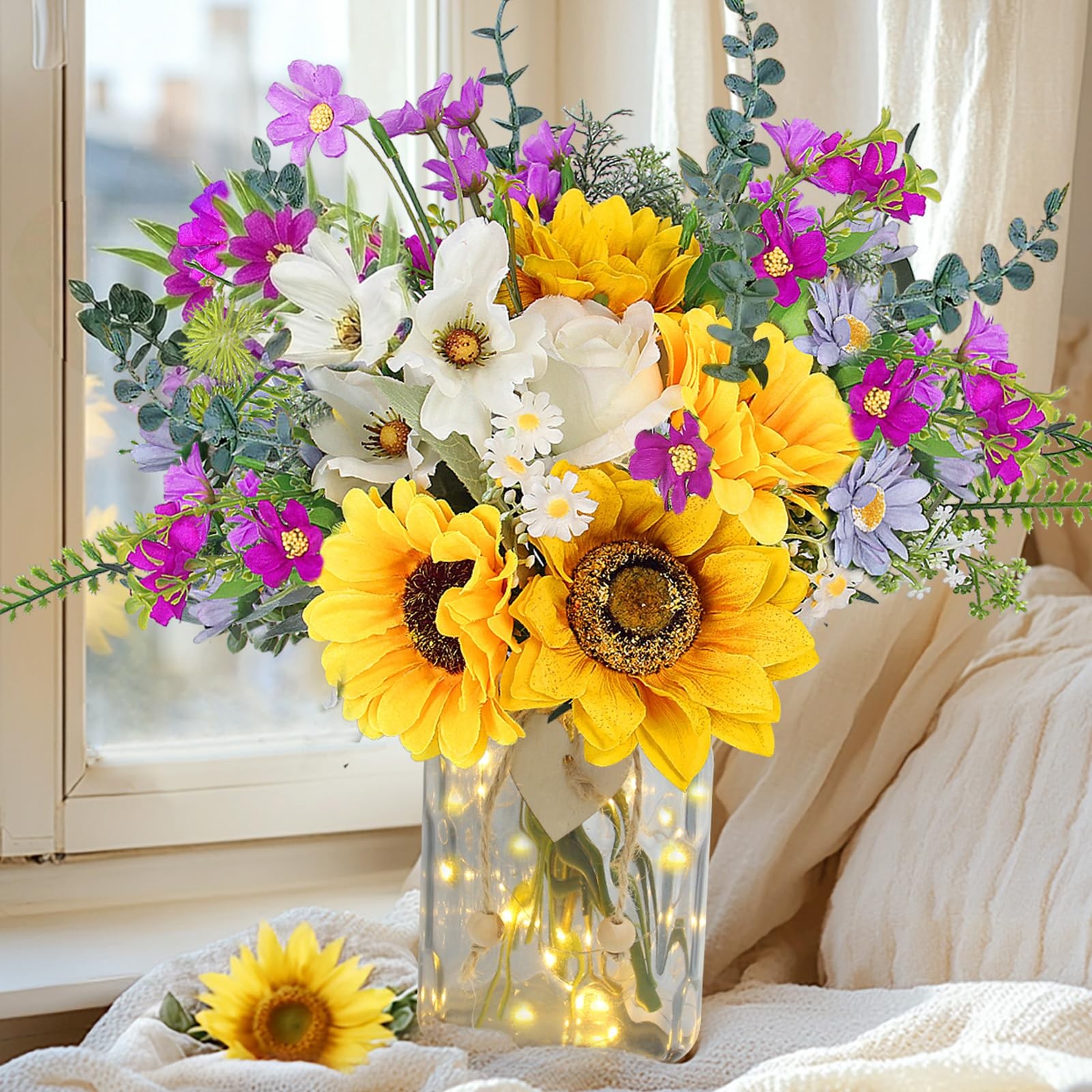 Sunflower Fake Flowers in Vase, Sunflowers Lavender Artificial Flowers with V…