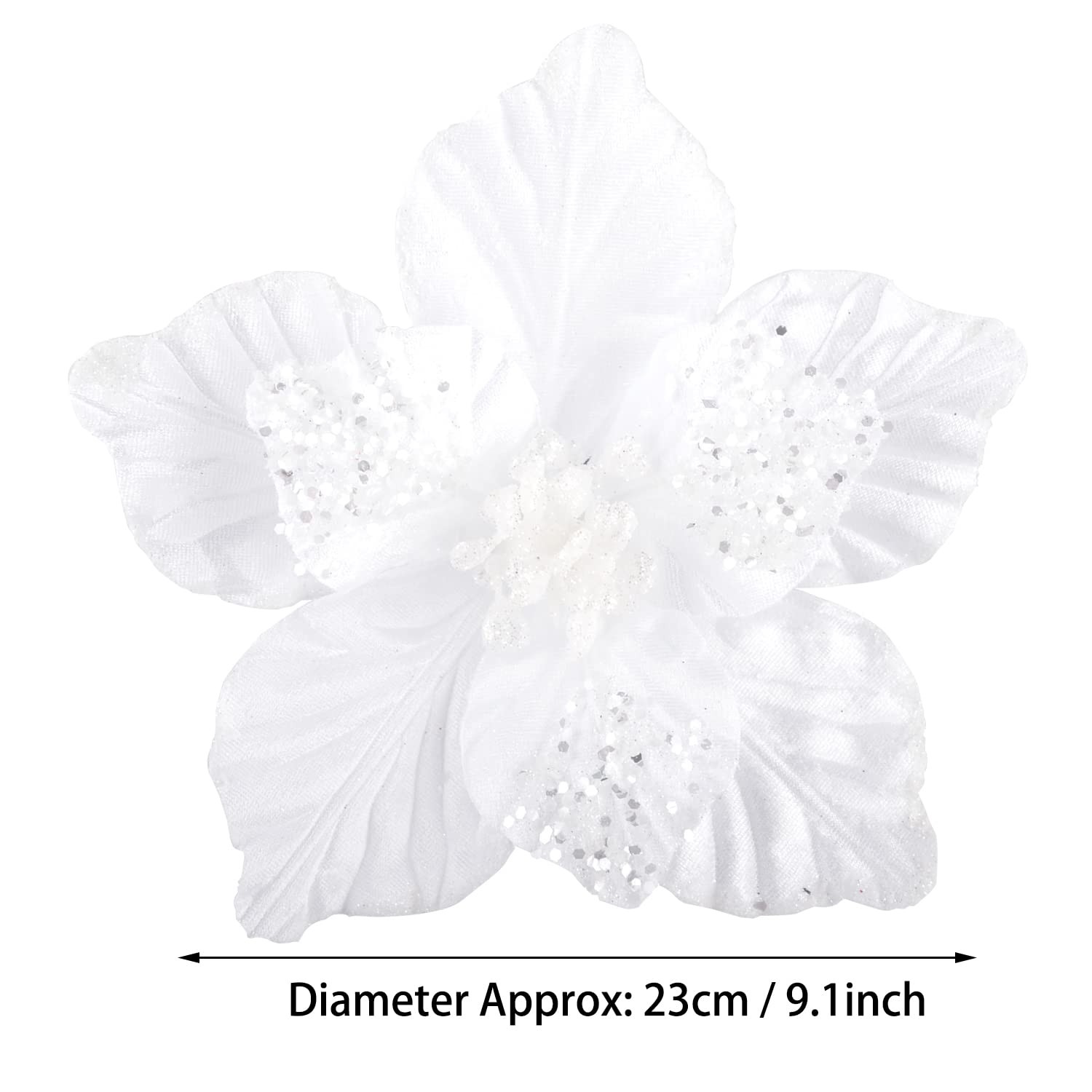 6 PCS Chunky Glitter Christmas Flowers Large Velvet Poinsettia Ornaments White