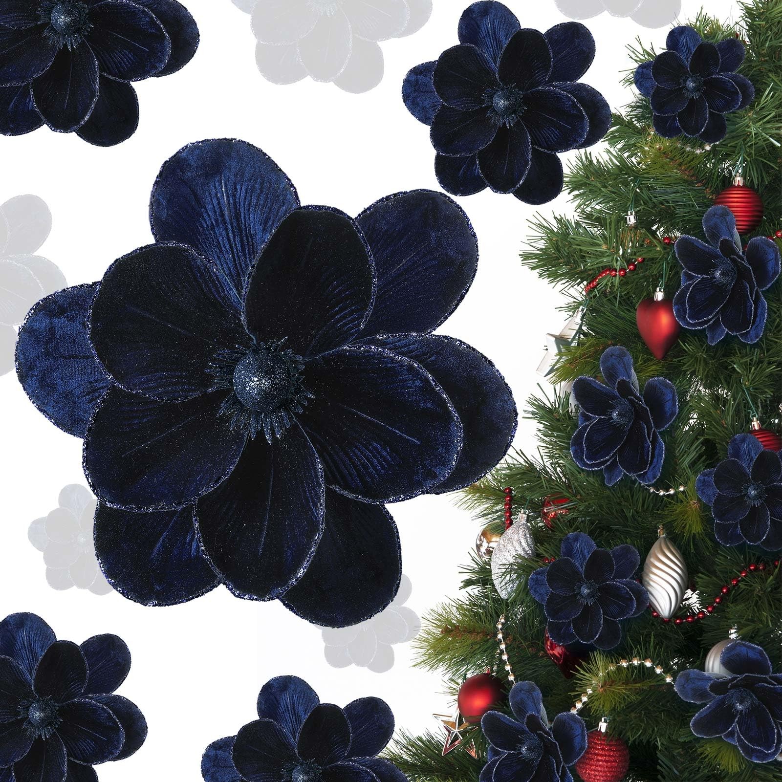 12 Pcs Large Velvet Christmas Poinsettia Magnolia Flowers Dark Blue Decor