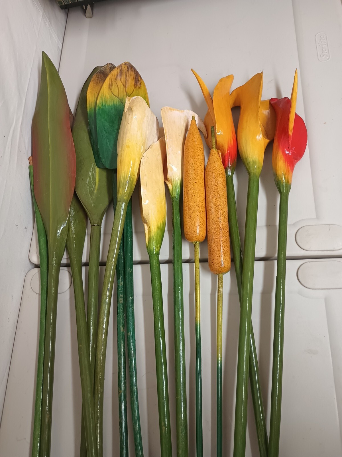 VTG Wood Tropical Flowers Long Stem 36″ Leaves Lot Of 13 Wooden Painted Carved