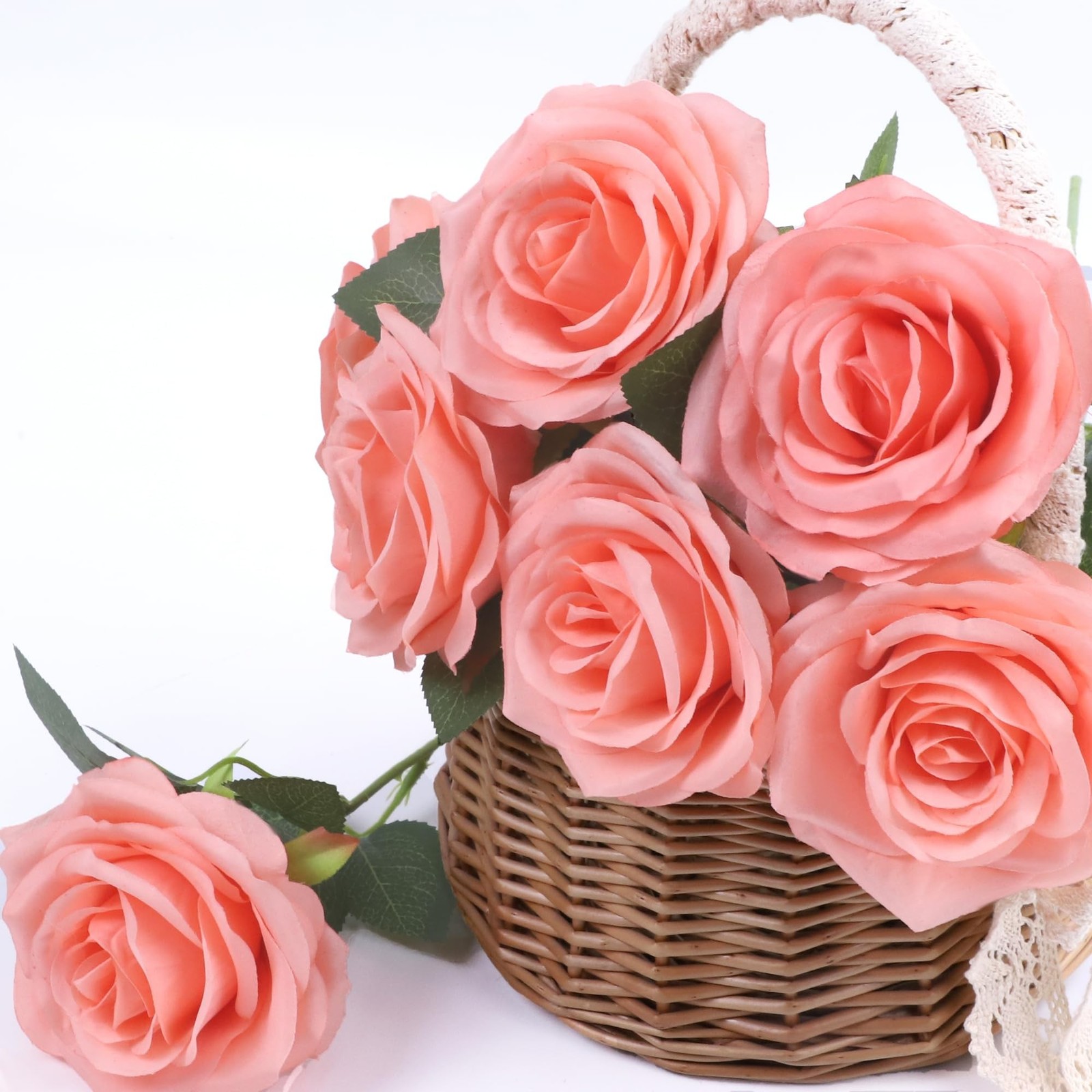 NEVISI 50Pcs Coral Peach Silk Roses with Stems Artificial Flowers