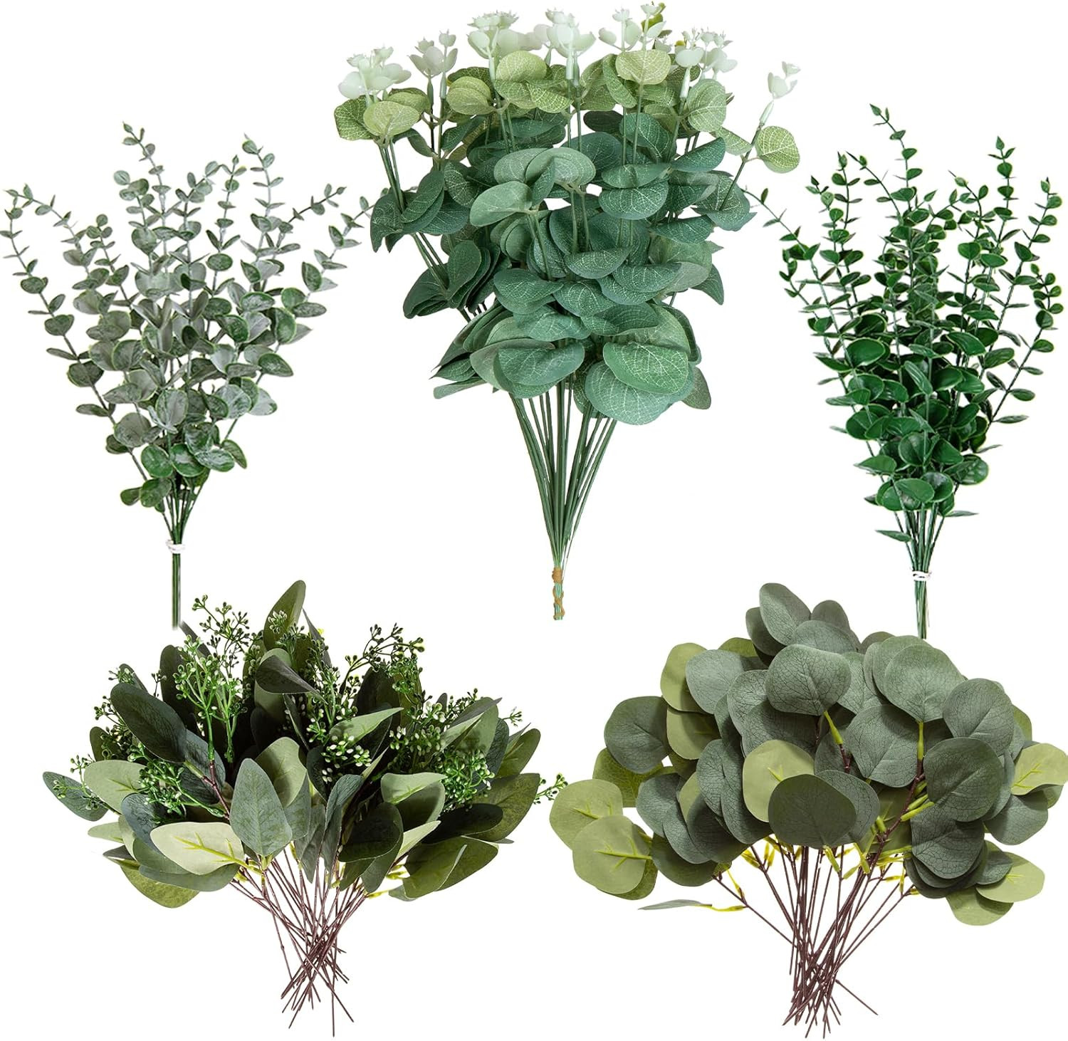 100 Pcs Mixed Artificial Eucalyptus Leaves Stems Bulk | Realistic 5 Kinds Mixed