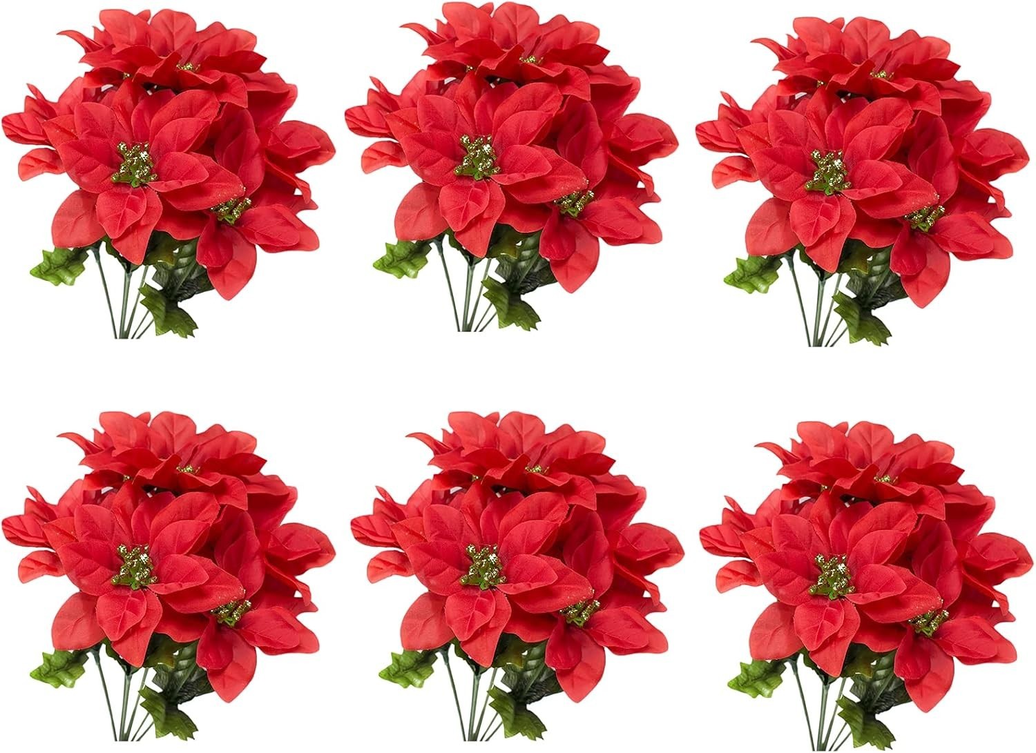 Vibrant 6 Pack Artificial Poinsettia Bushes, 13.8 Inch Faux Floral for Holidays