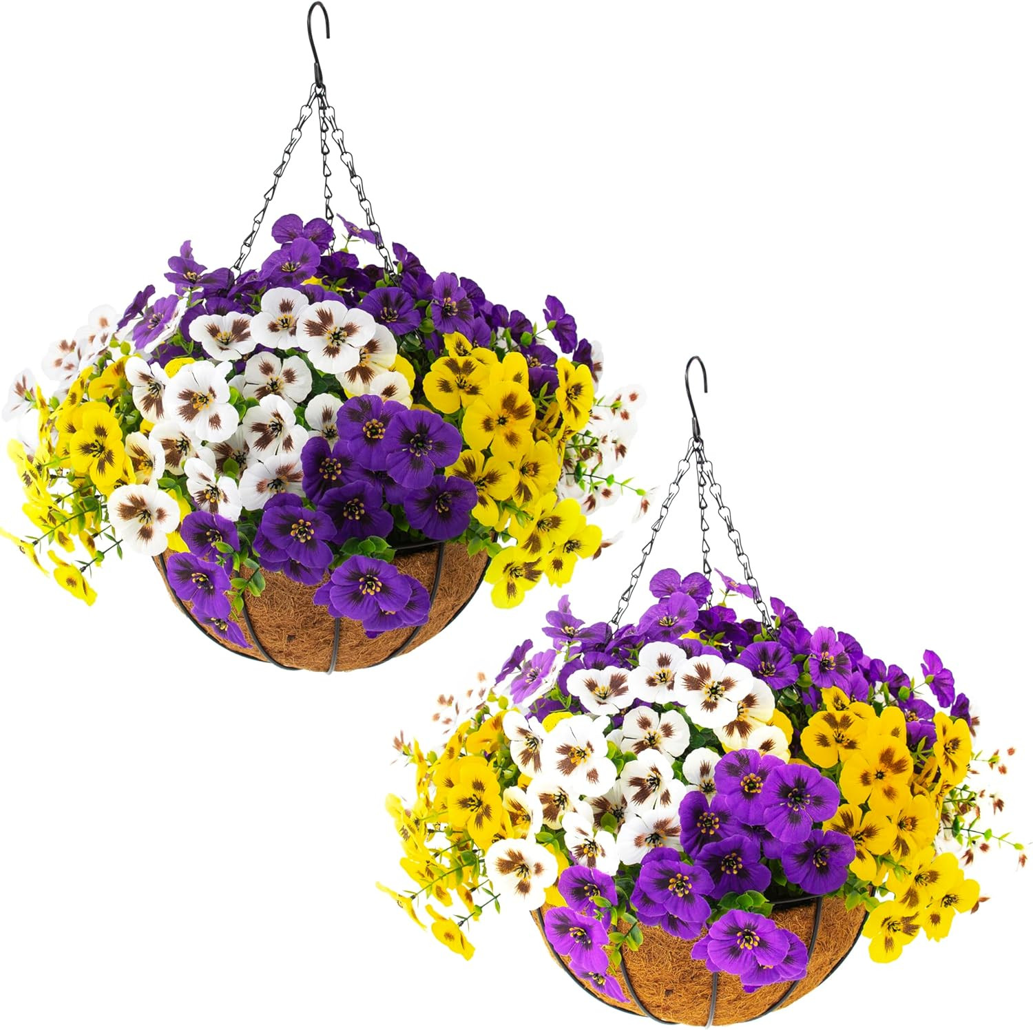 2 Sets Artificial Hanging Pansy Flowers with Baskets, 24 Pcs UV Resistant Faux S