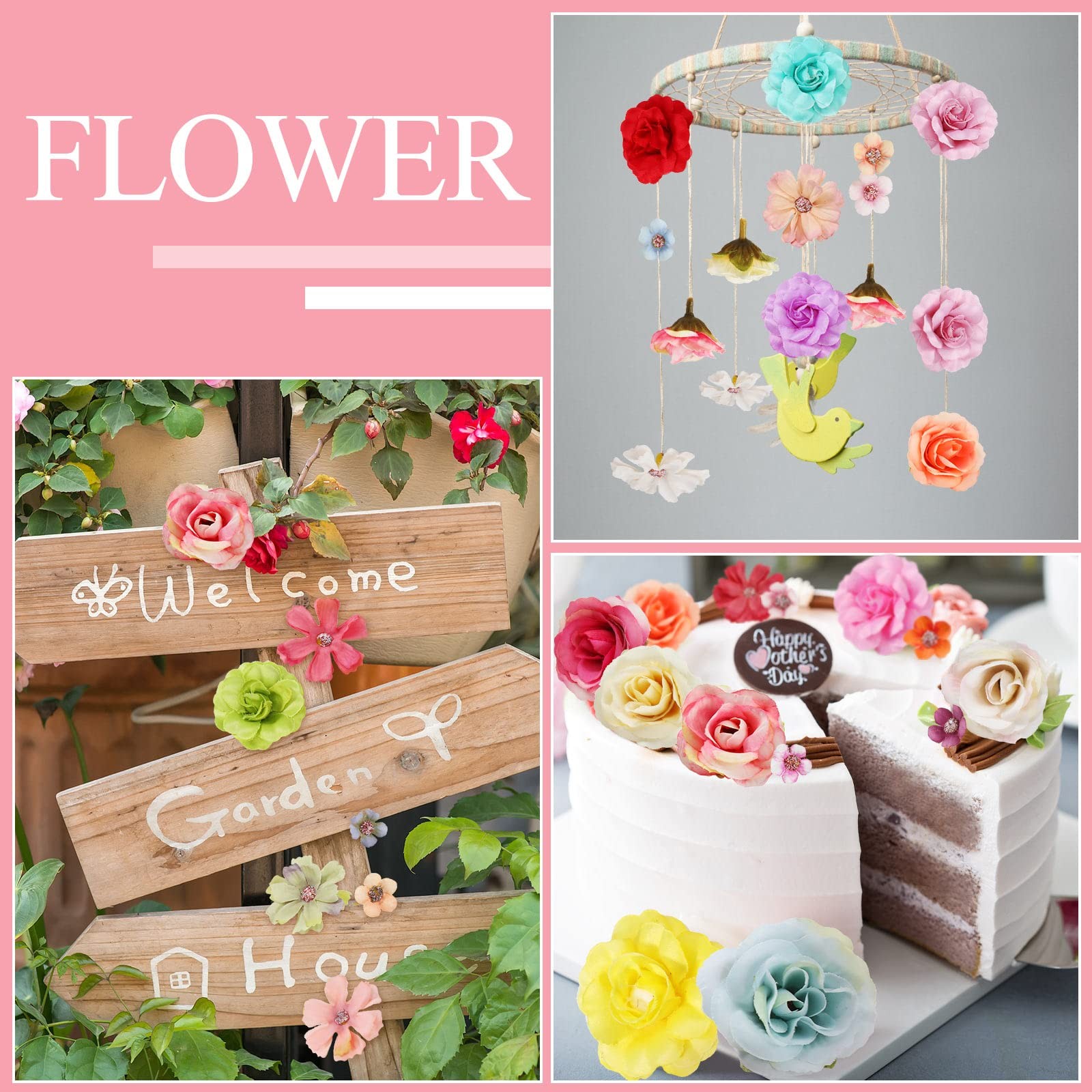 300 PCS Spring Assorted Small Fake Flower Heads Silk Daisy Rose Plum Craft