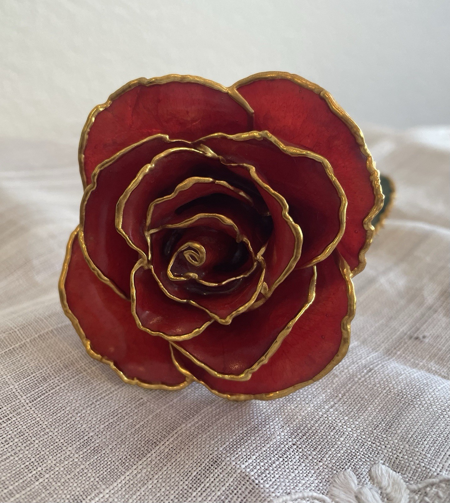 Burgundy Rose Preserved in Lacquer with 24k Gold Plating on Petals and Stem