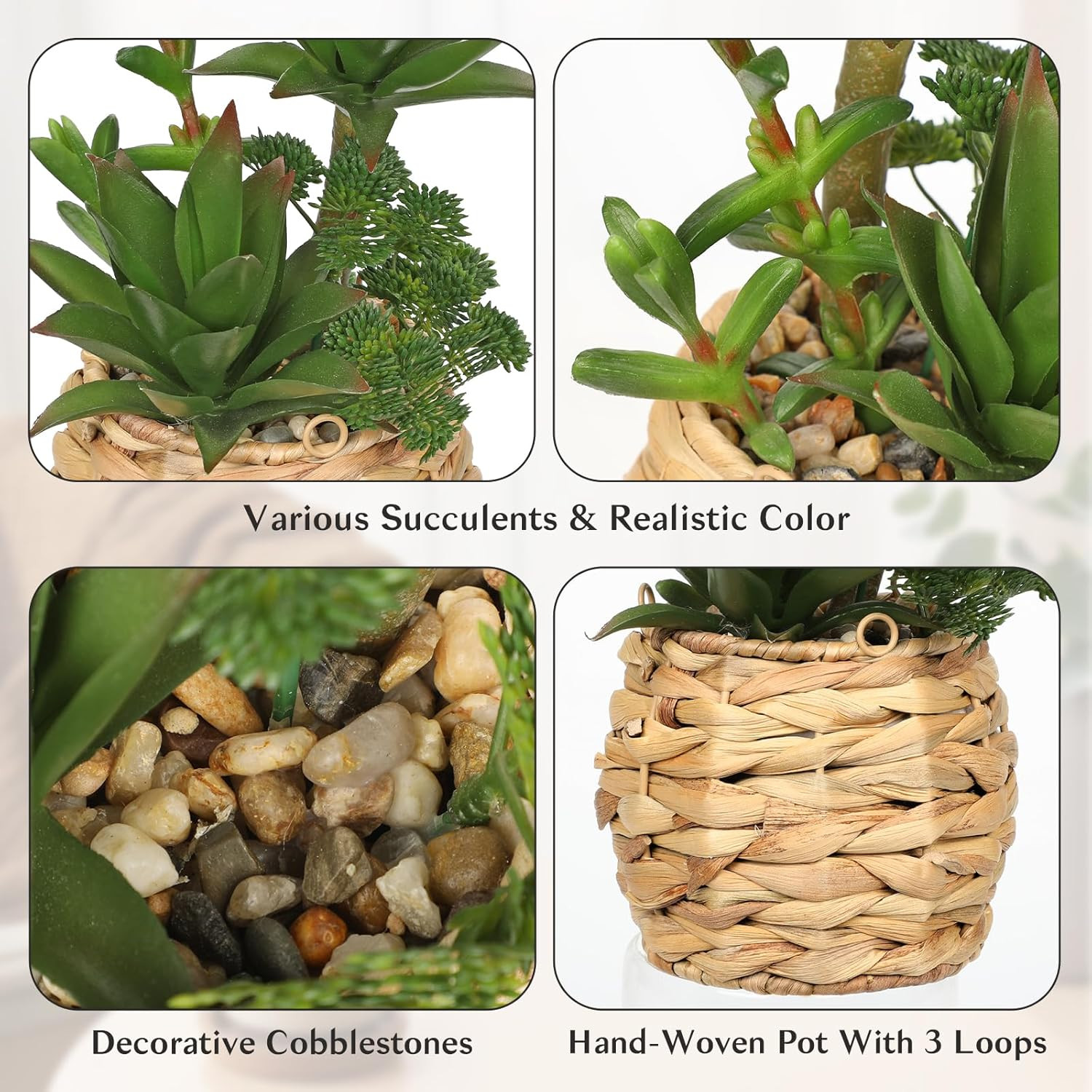 10″ Large Succulents Plants Artificial in Wooden Pots, Fake Succulents in Woven