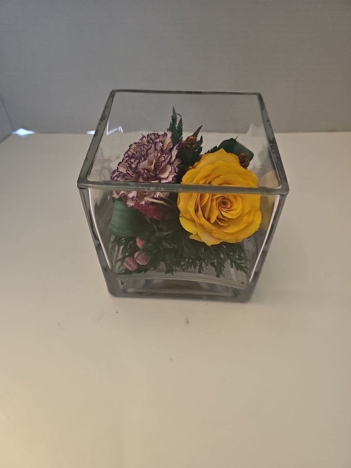 Enclosed Cube Glass Vase W/preserved Flowers Orchid Carnation & Rose