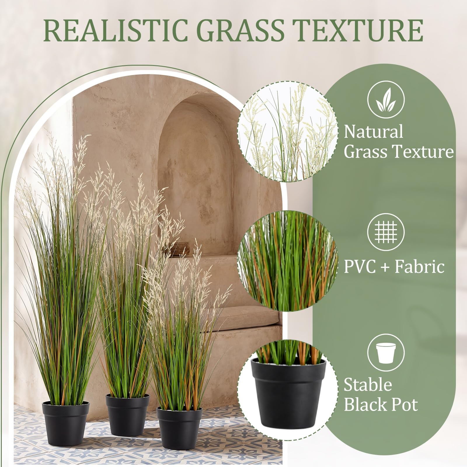 3 Pcs 3/4/5 ft Tall Artificial Grass Plant Potted Artificial Greenery Floor P…