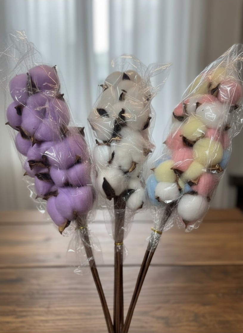 Fluffy Stemmed Dried Cotton Flowers – White, Purple, Pink and Rainbow