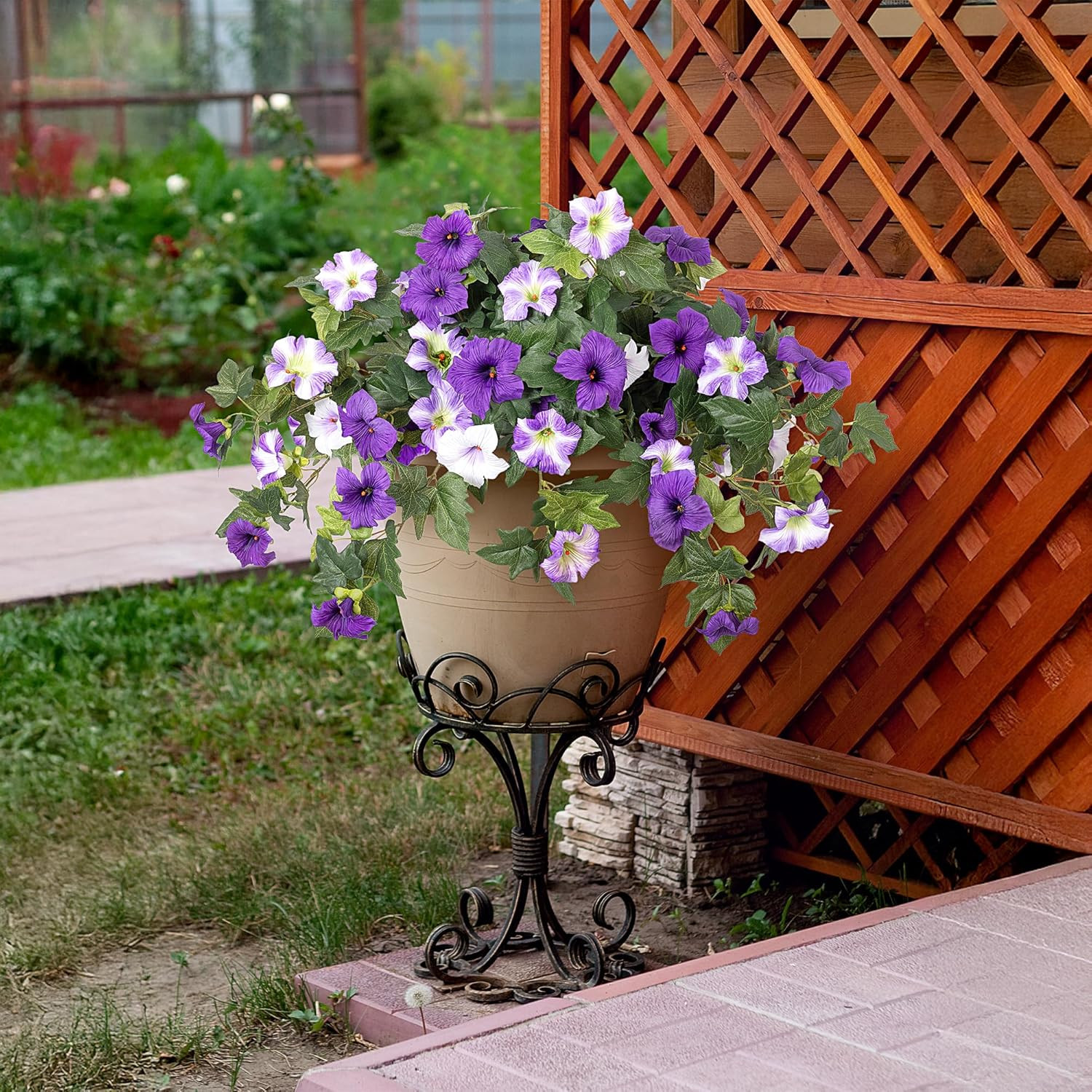 Artificial Faux Petunias Flowers 2PCS UV Resistant for Outdoor Purple White