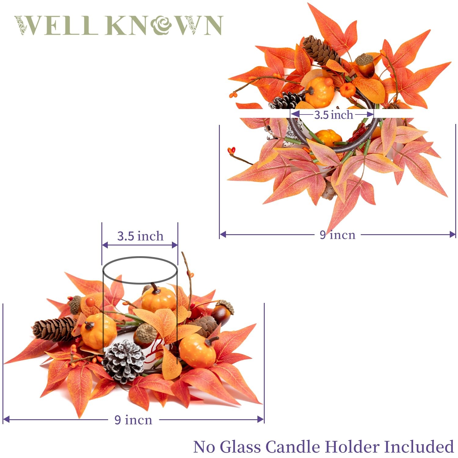 2 Pcs Mini Fall Orange Pumpkin & Maple Candle Rings Wreath for Pillars Home T…