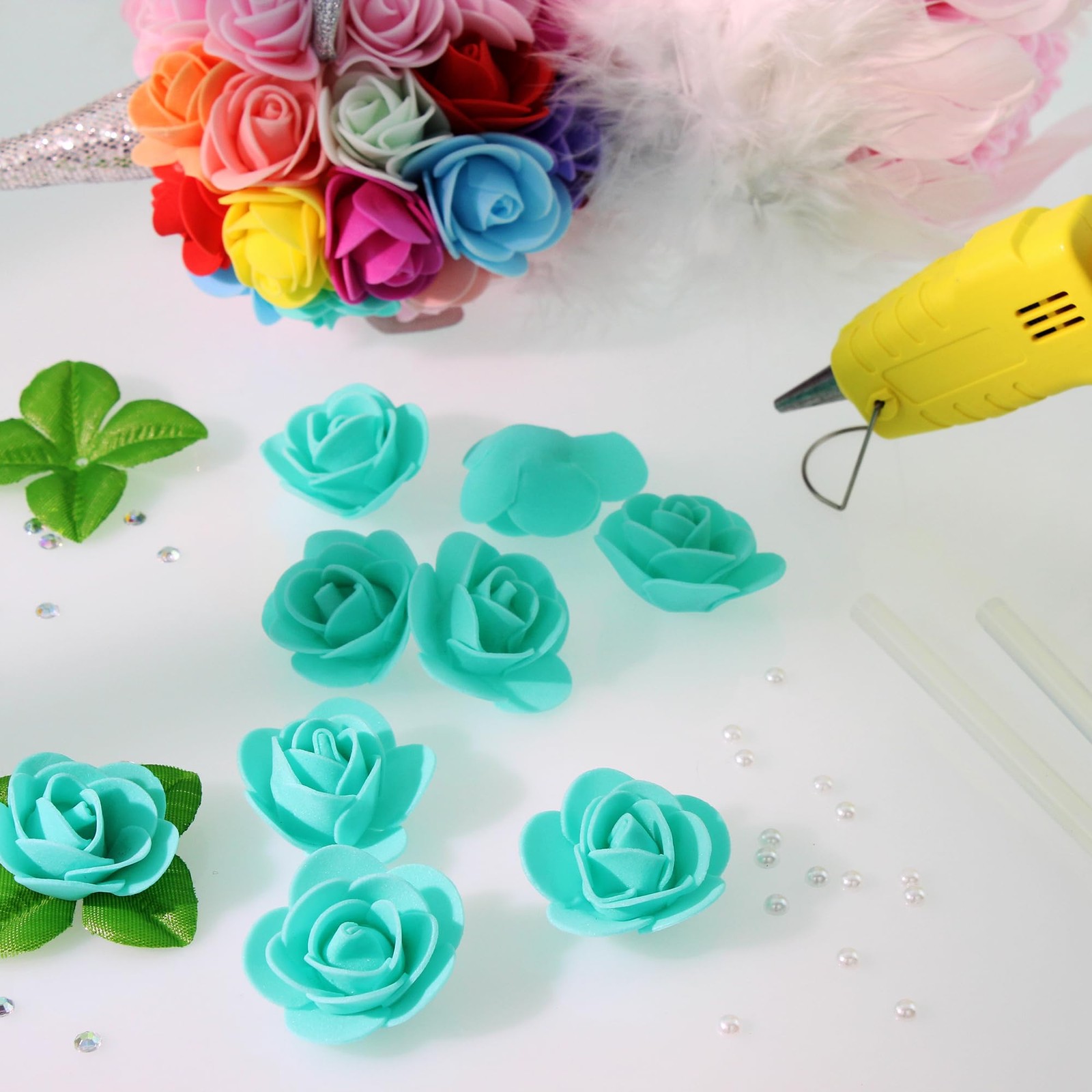 500 PCS 1.4 Inch Mini Artificial Flowers Head Bulk Faux Foam Rose Teal Green