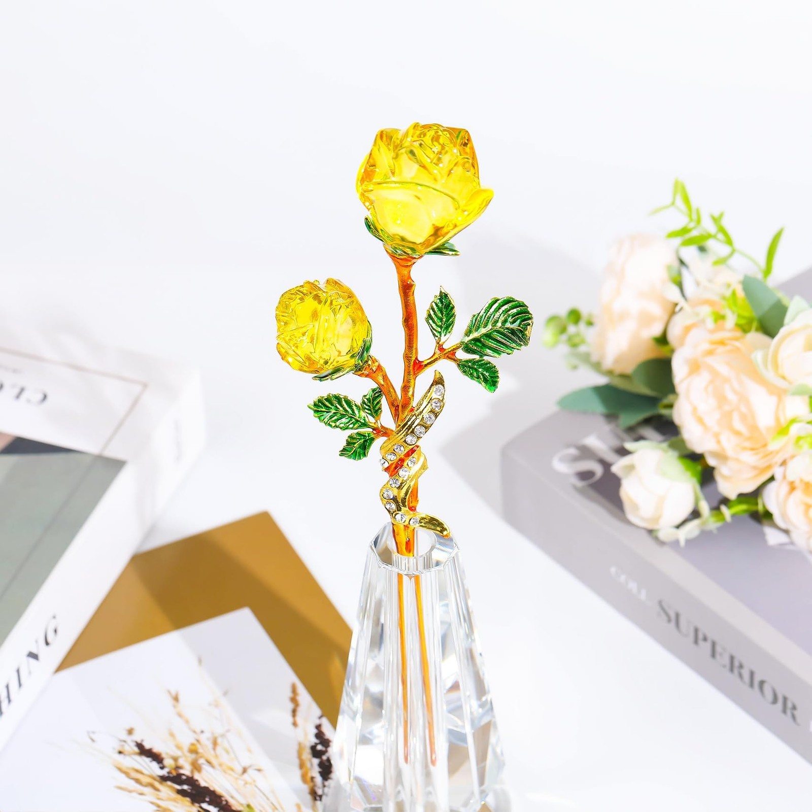 YWHL Handmade Yellow Rose Flower Crystal Figurine with Vase, Bouquet Glass Fl…