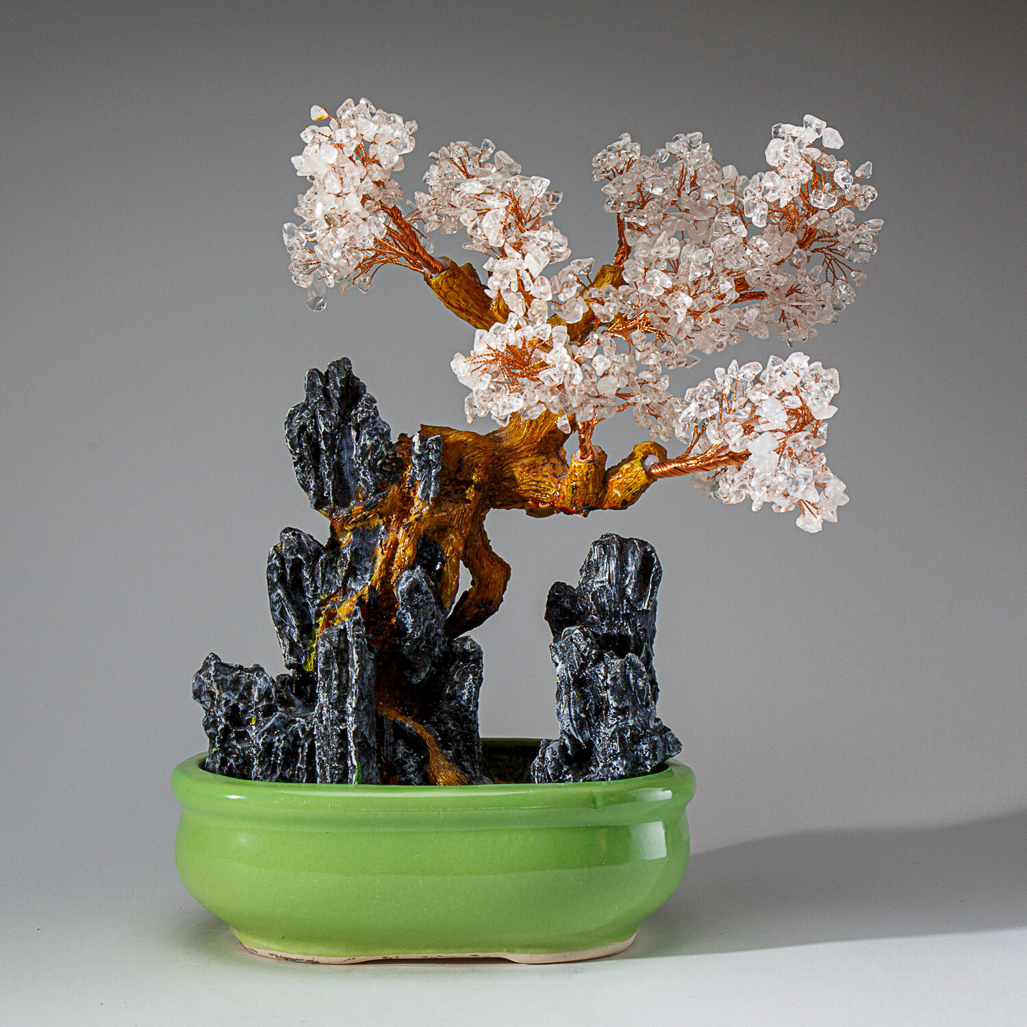 Genuine Quartz Gemstone Bonsai Tree in Oval Ceramic Pot (12” Tall)