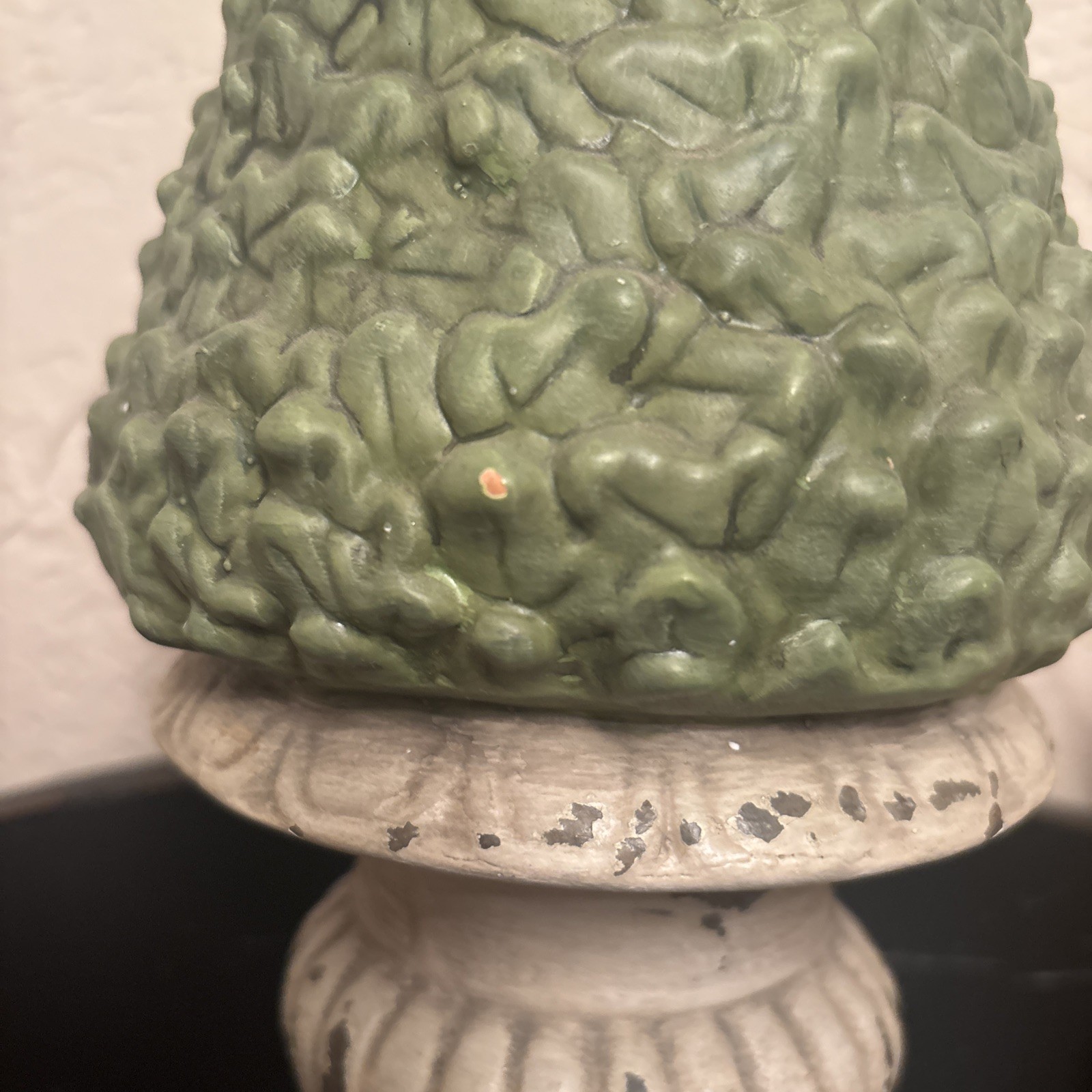 Terracotta Ceramic Cone Topiary 14″ Vintage Chippy Green Cream Urn