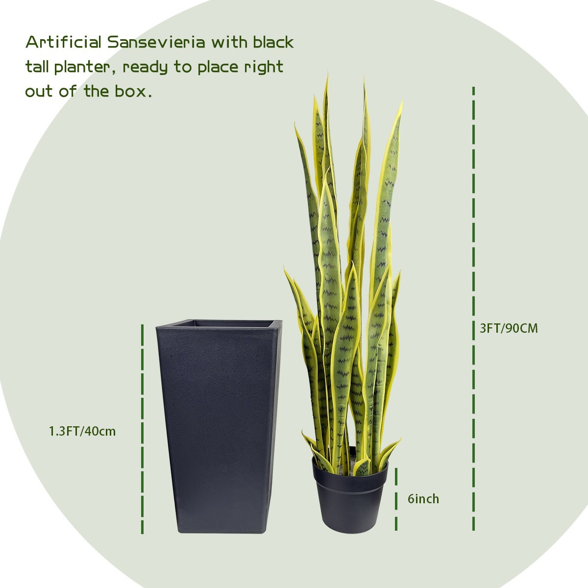 Artificial Snake Plant with Black Planter, Faux Sansevieria Floor Plant Decor