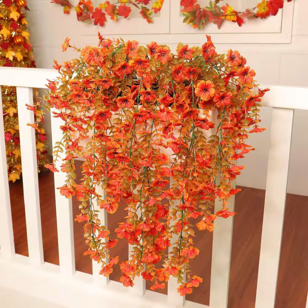 5 In. H Orange Artificial Hanging Fall Flowers 4-Pieces Fake Mums for Outdoor UV
