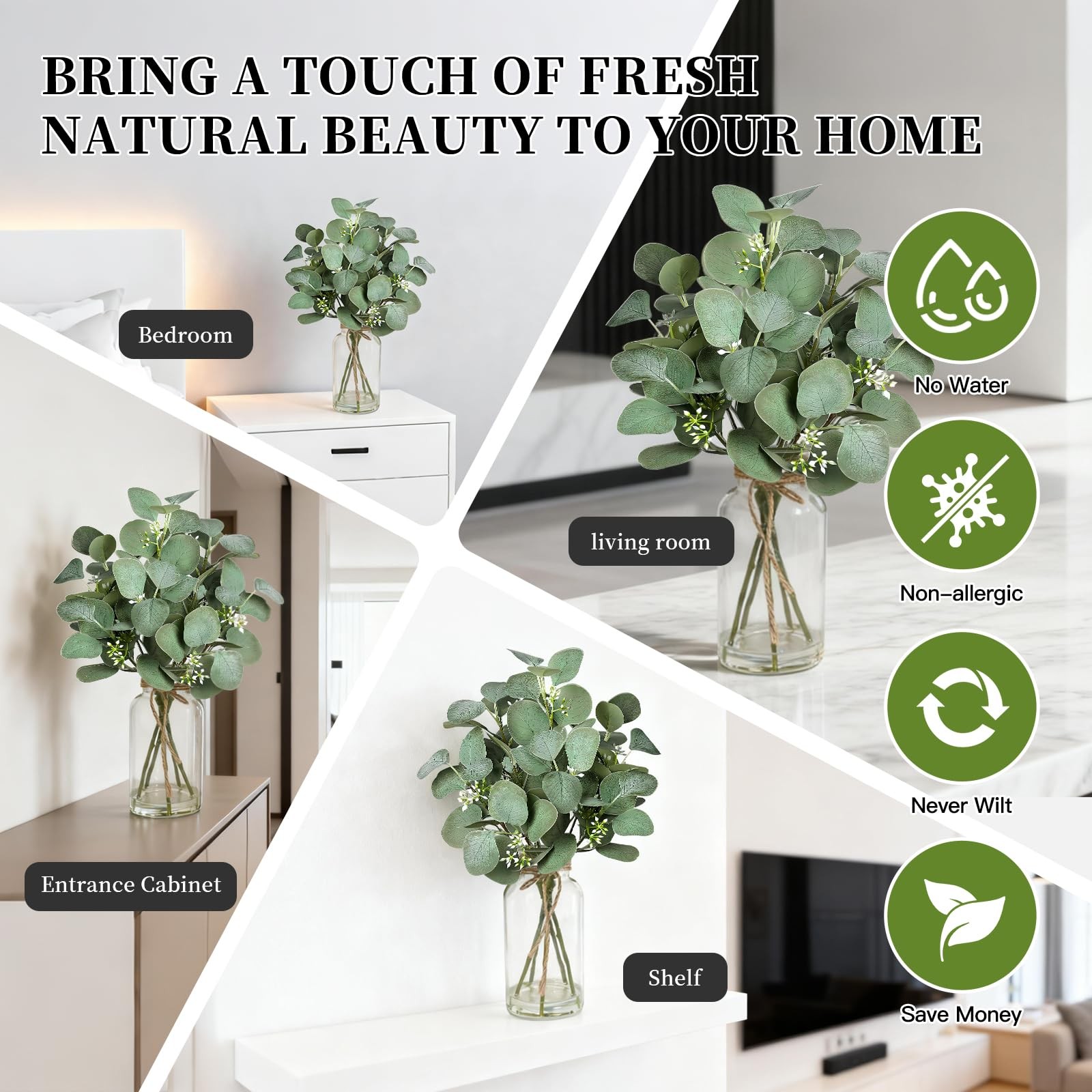 Artificial Eucalyptus Stems in Clear Glass Vase with Faux Water, 14 Inch Fake…