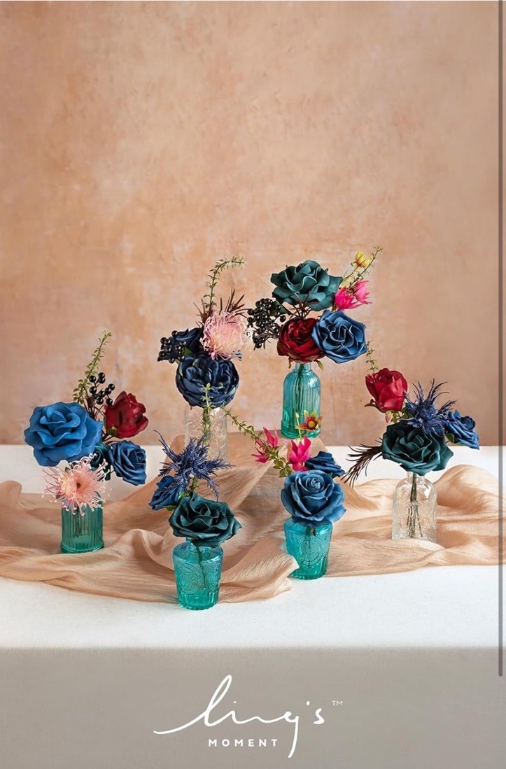 Ling’s Moment Fake Flowers Box, Foam Roses Artificial Fern Berry Faux Blue Navy