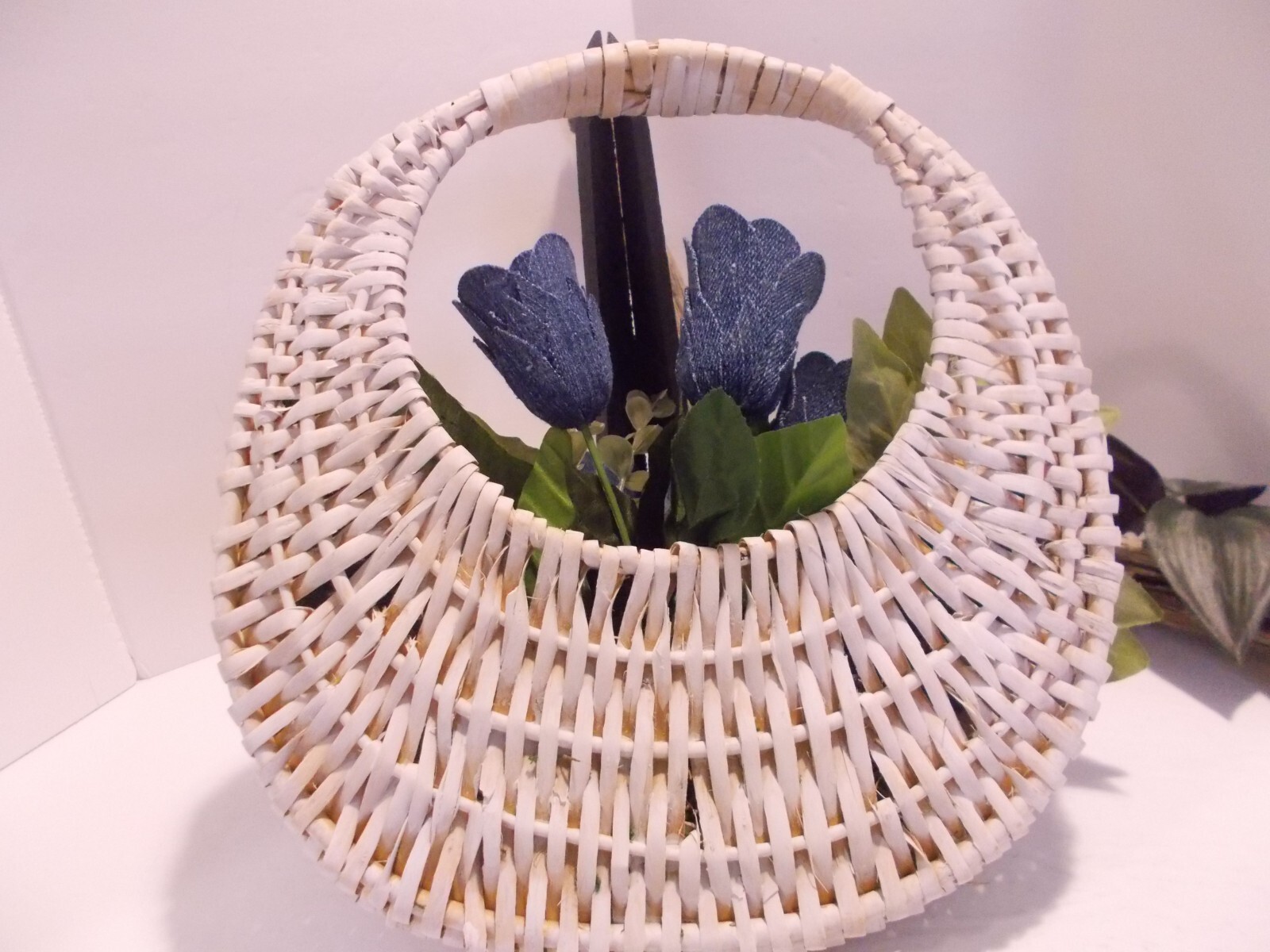 Handcrafted Wall Pocket Basket with 12 Denim Roses – Western Denim Rustic Decor