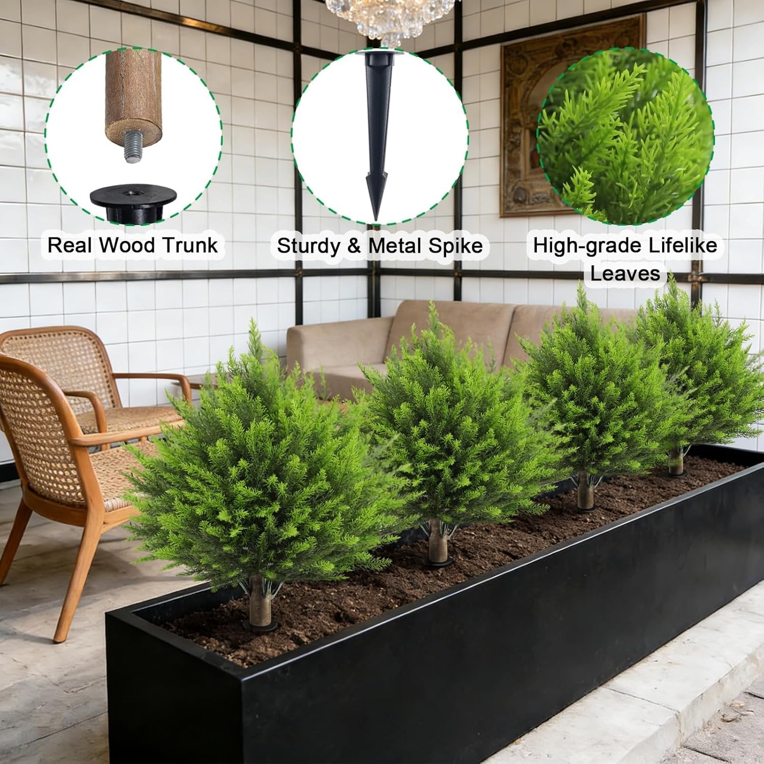2 Set Artificial Cedar Topiary Ball Trees with Spike, 24″ UV Resistant Fake E…