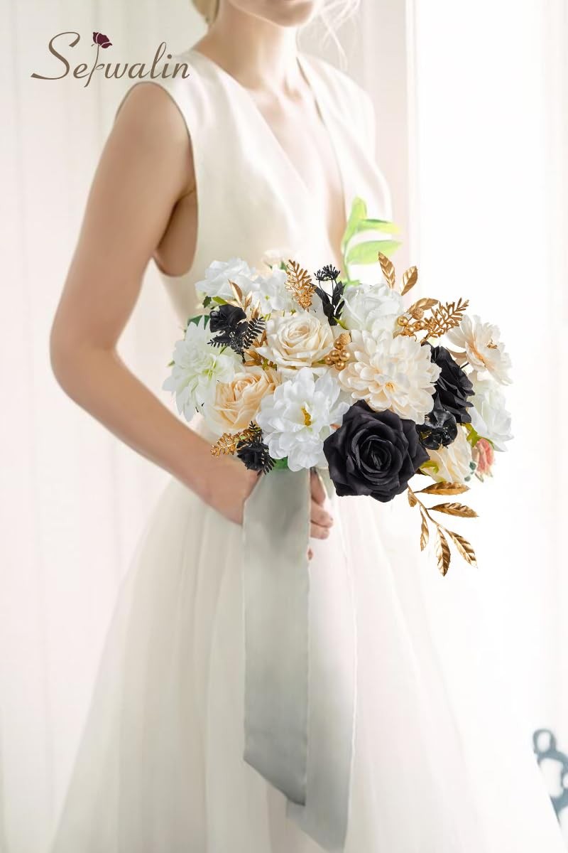 Artificial White & Black & Champagne Flowers, Silk Fake Flowers for DIY Weddi…