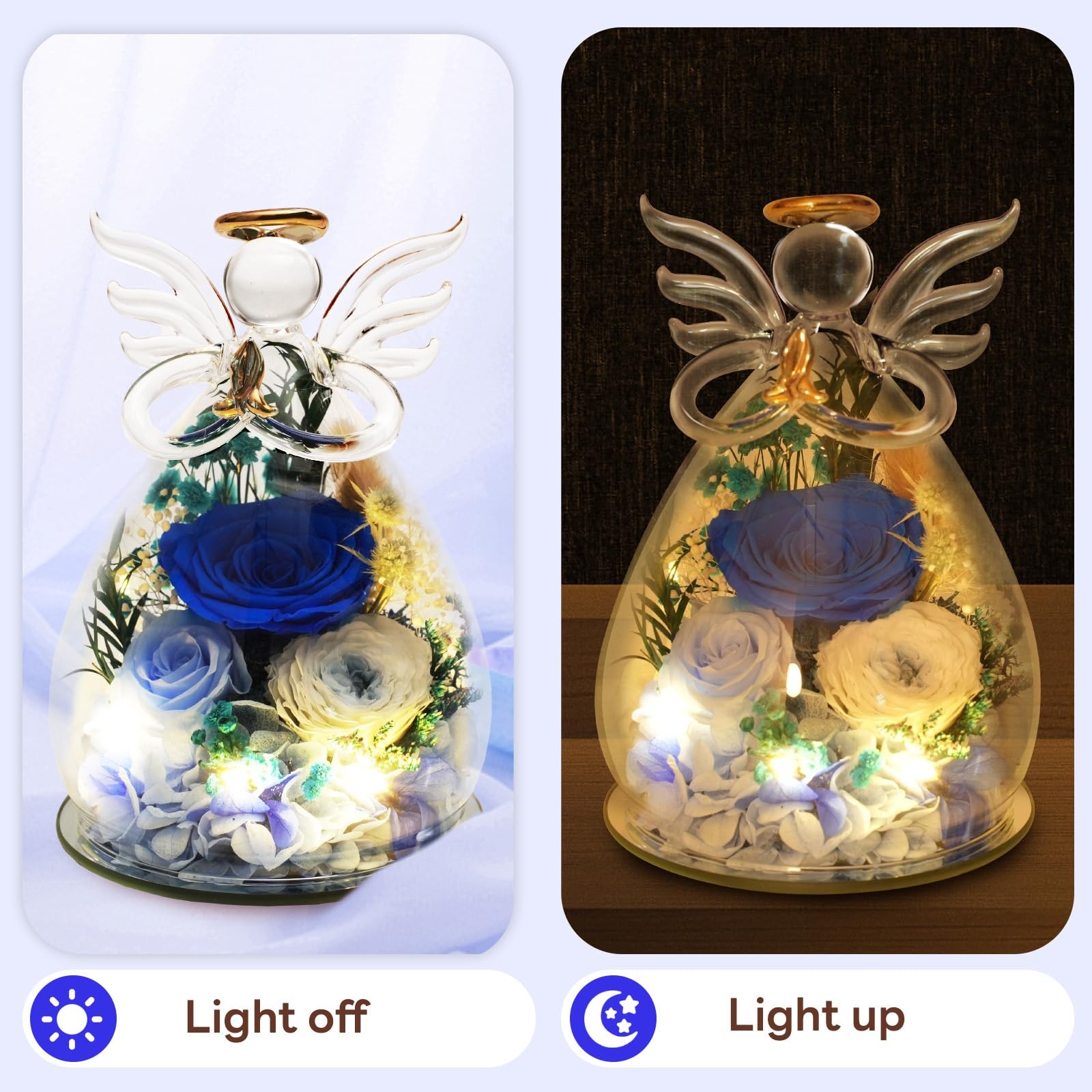 Blue Preserved Rose Angel Figurine Christian Memorial Sympathy Gift For Her