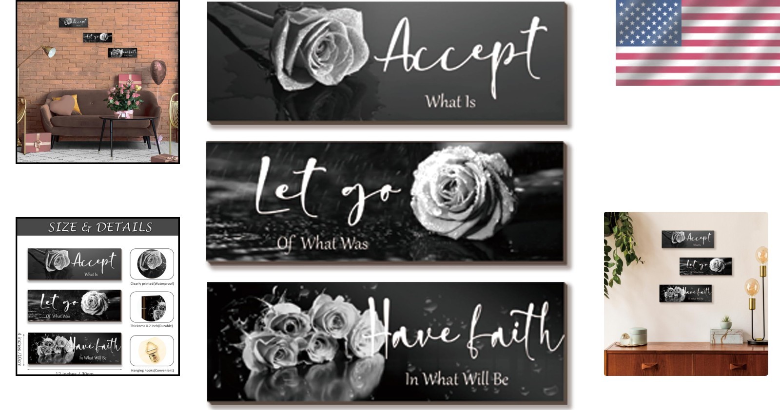 3-Piece White Rose Wall Decor with Inspirational Quotes | 12×4 Modern Art