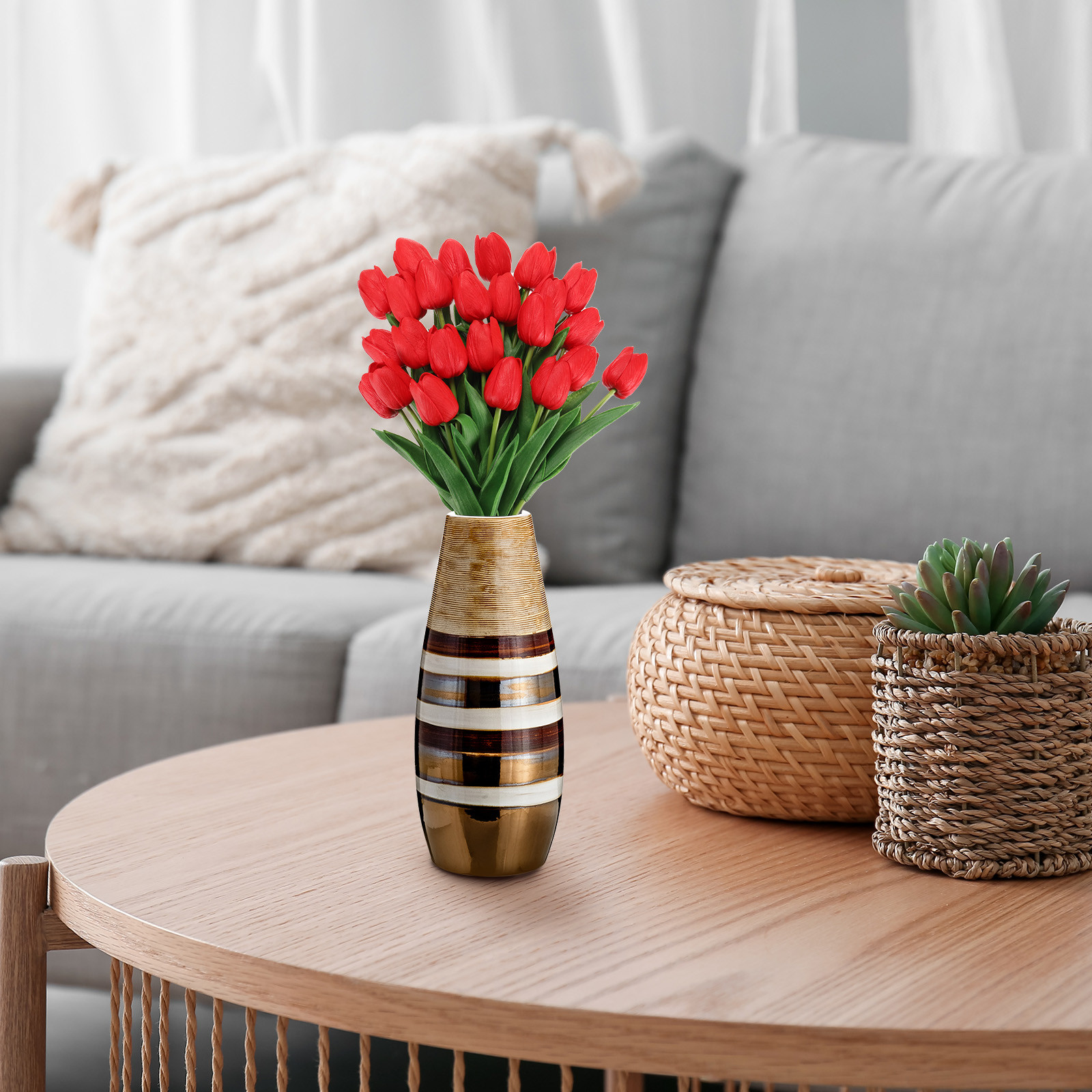 24Pcs Fake Tulips Artificial Flowers PU Tulips with Stems Red