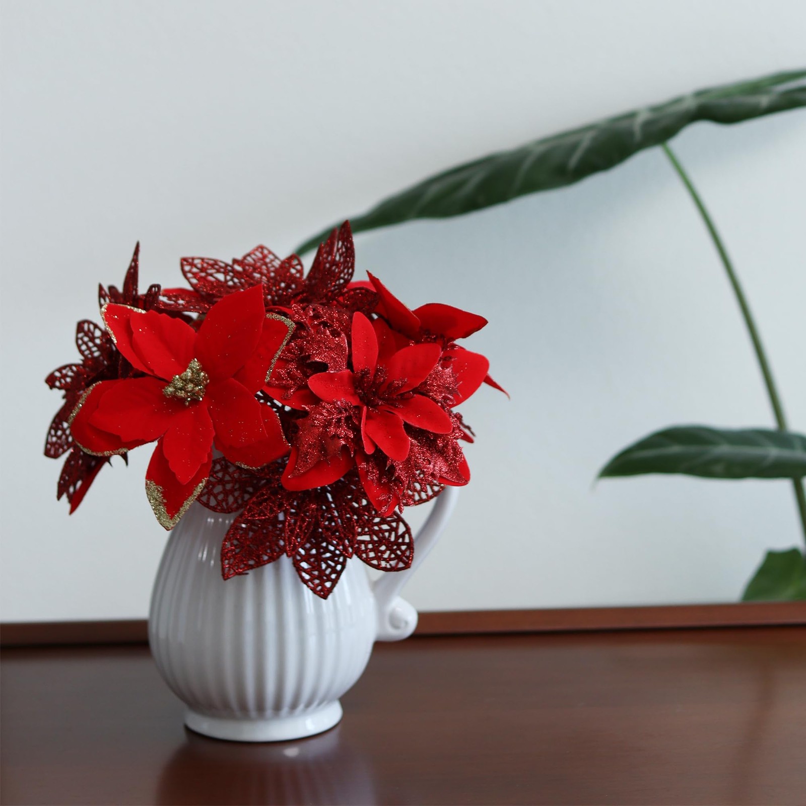 48 Pcs Fake Poinsettia Glitter Flowers and Berry Stems Artificial Red Christm…