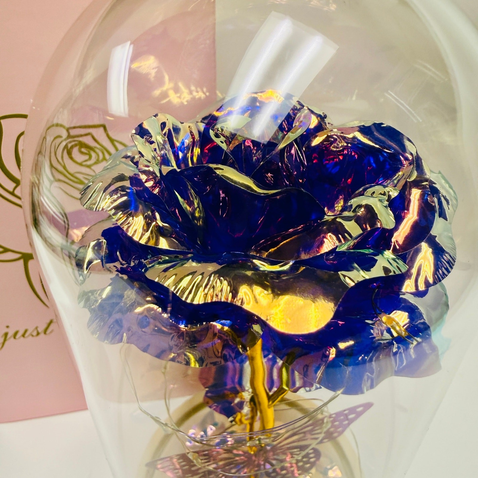 Qunpon LED Blue Rose Gold Foil Glass Dome Light Up Flower Just For You Gift NEW