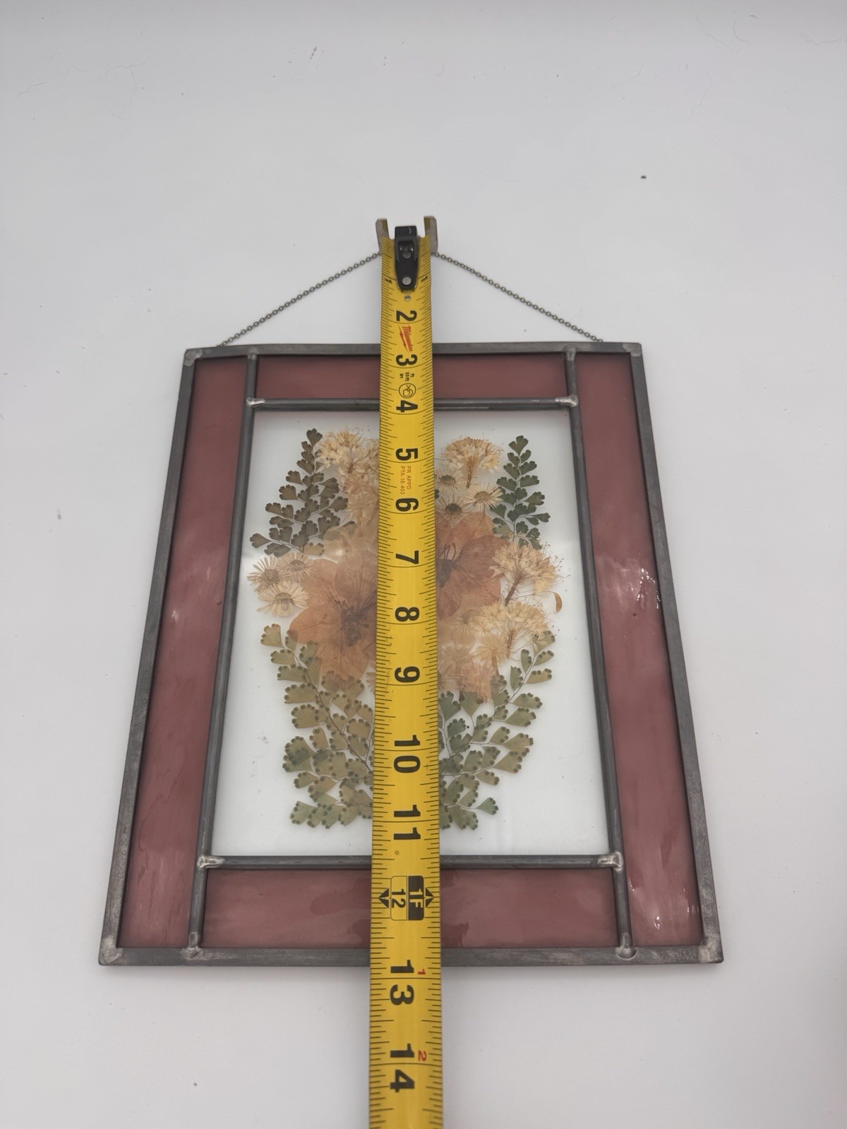 Pressed Dried Flowers Stained Glass Purple Pewter Frame Wall Window Hanging